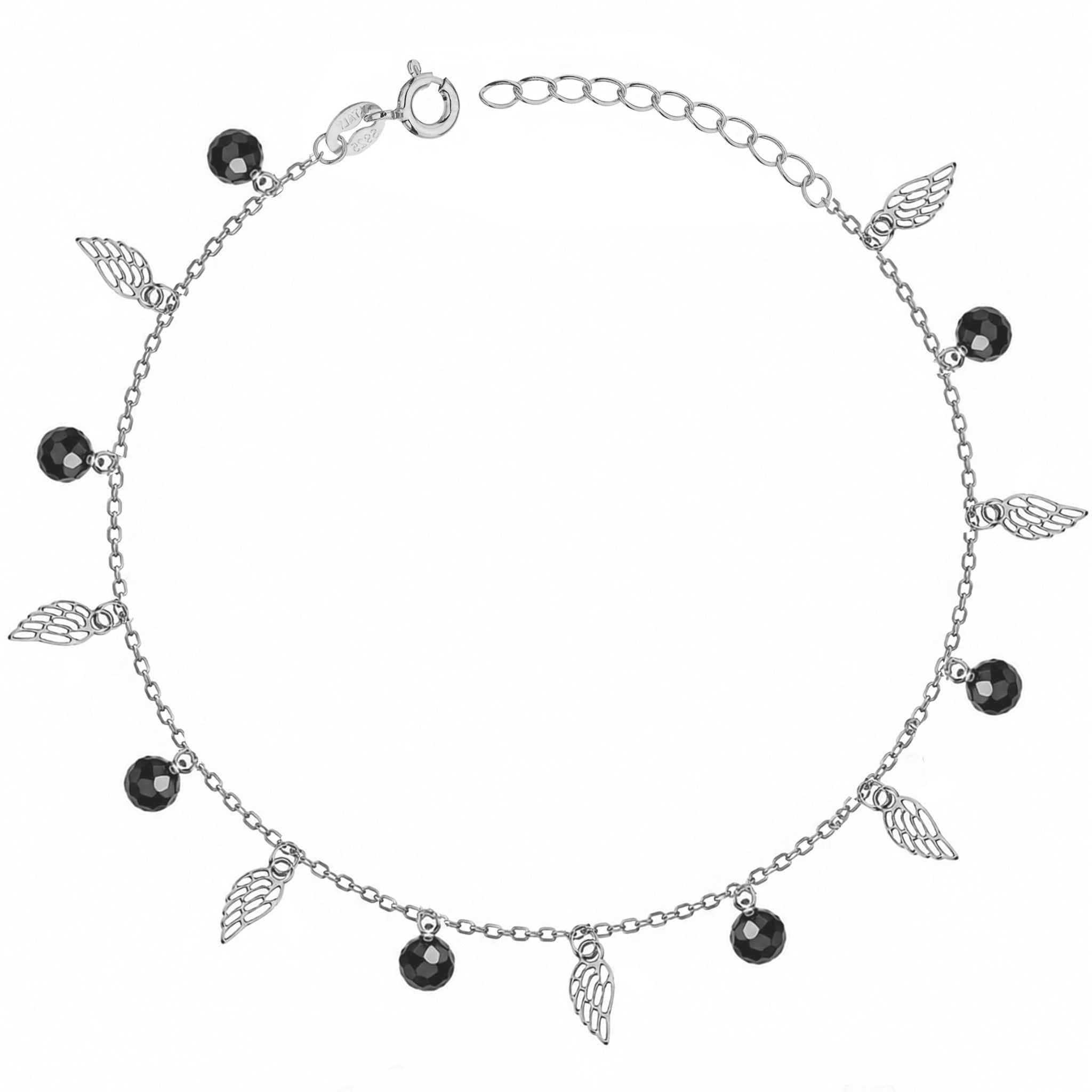 Rhodium Silver Bracelet with Wings and Black Beads