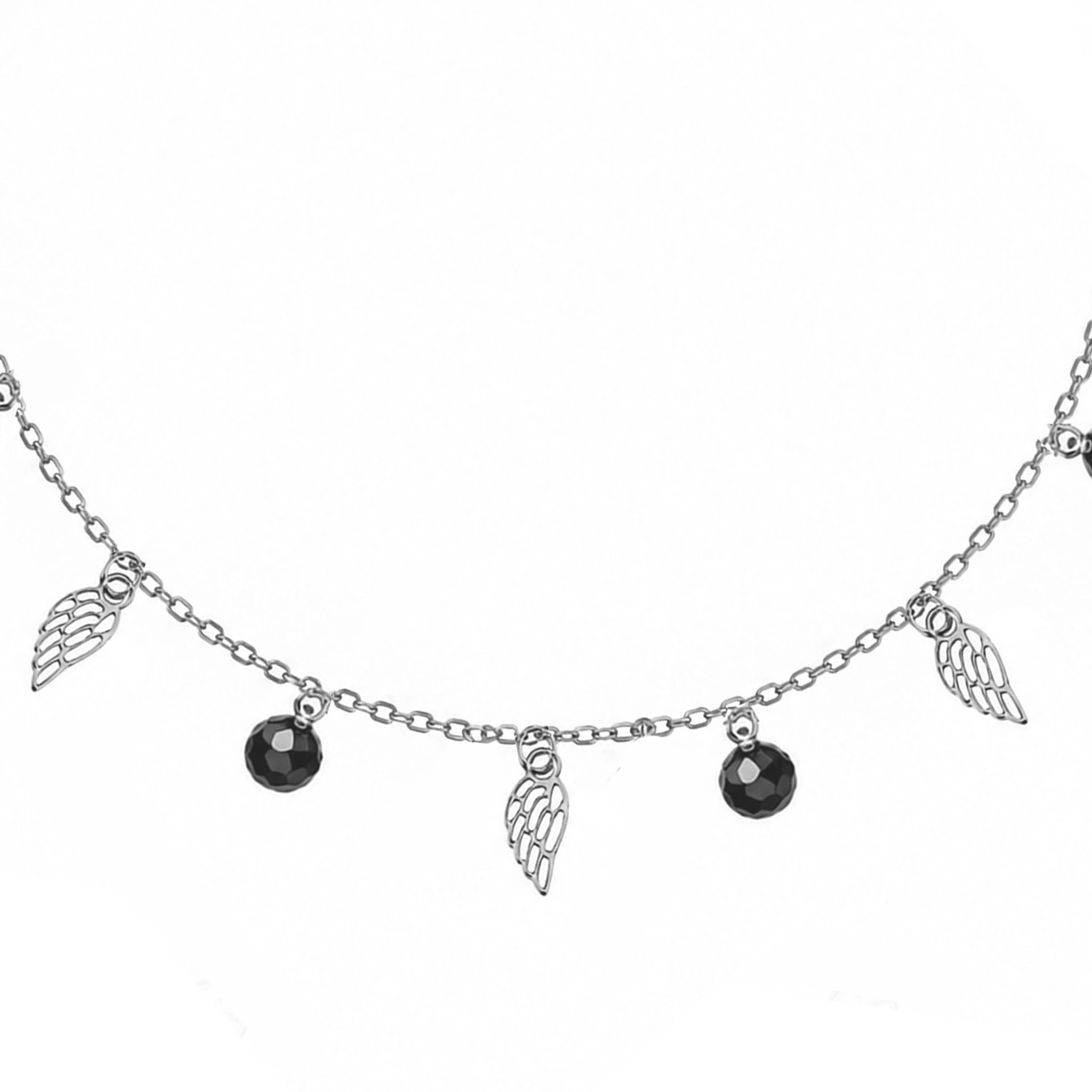 Rhodium Silver Bracelet with Wings and Black Beads