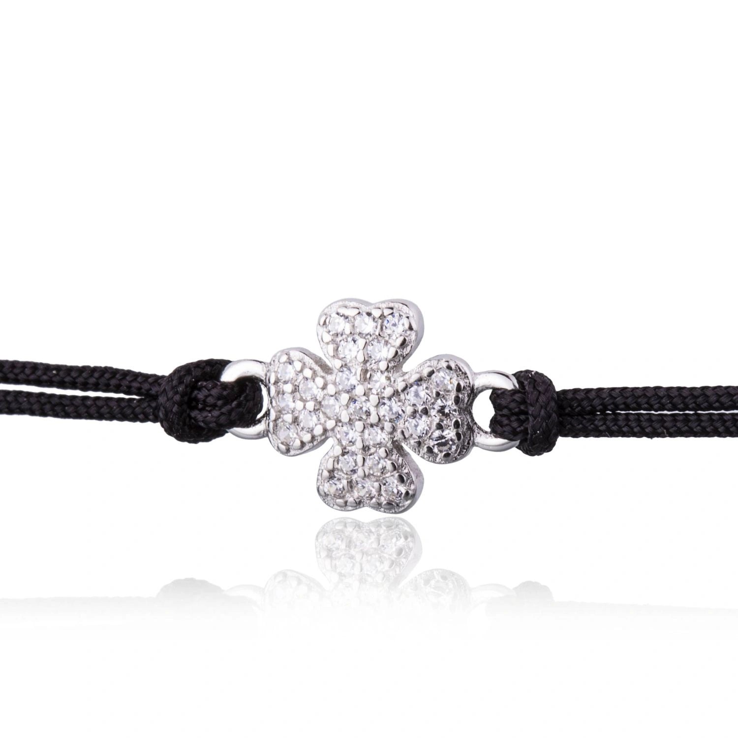 Pulsera de Plata con Cordón y Trébol de Cuatro Hojas con Strass