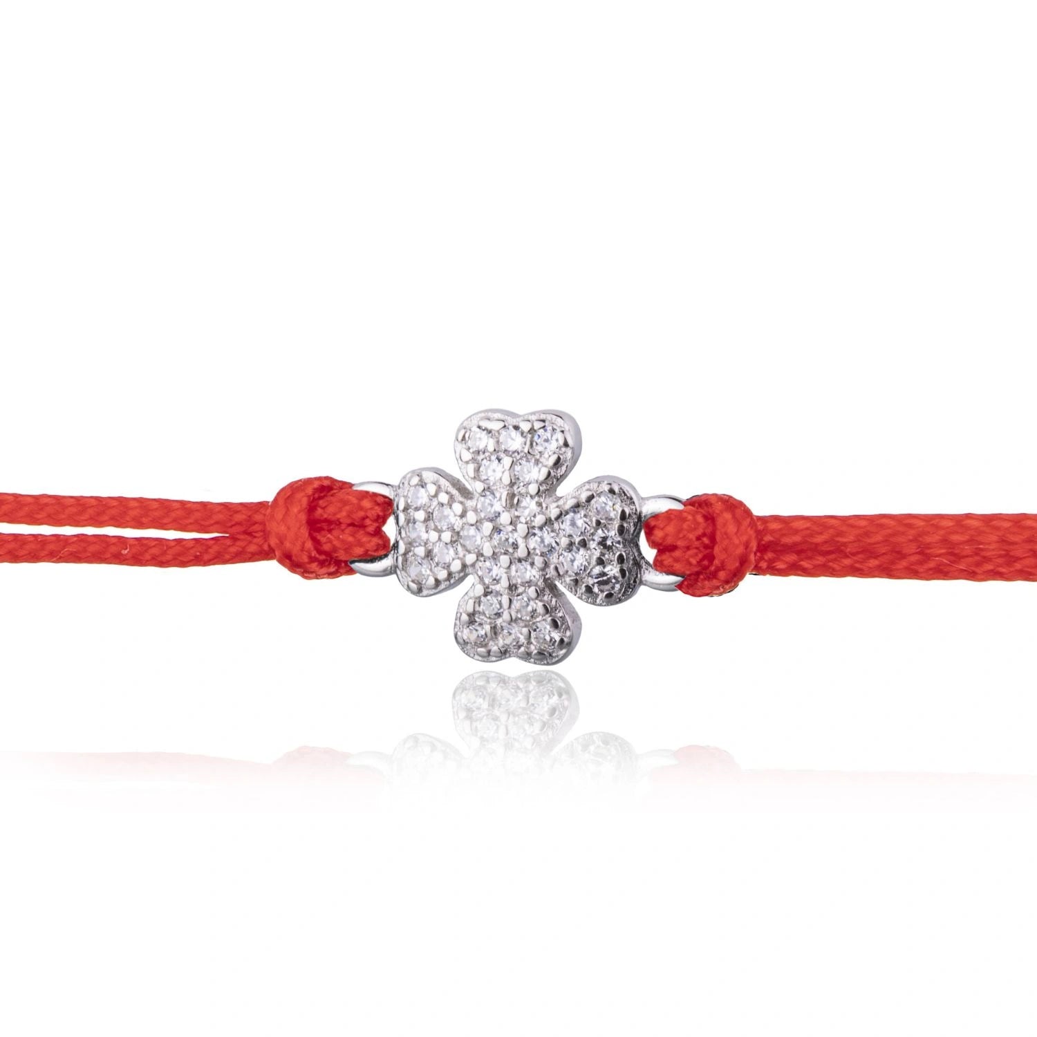 Pulsera de Plata con Cordón y Trébol de Cuatro Hojas con Strass