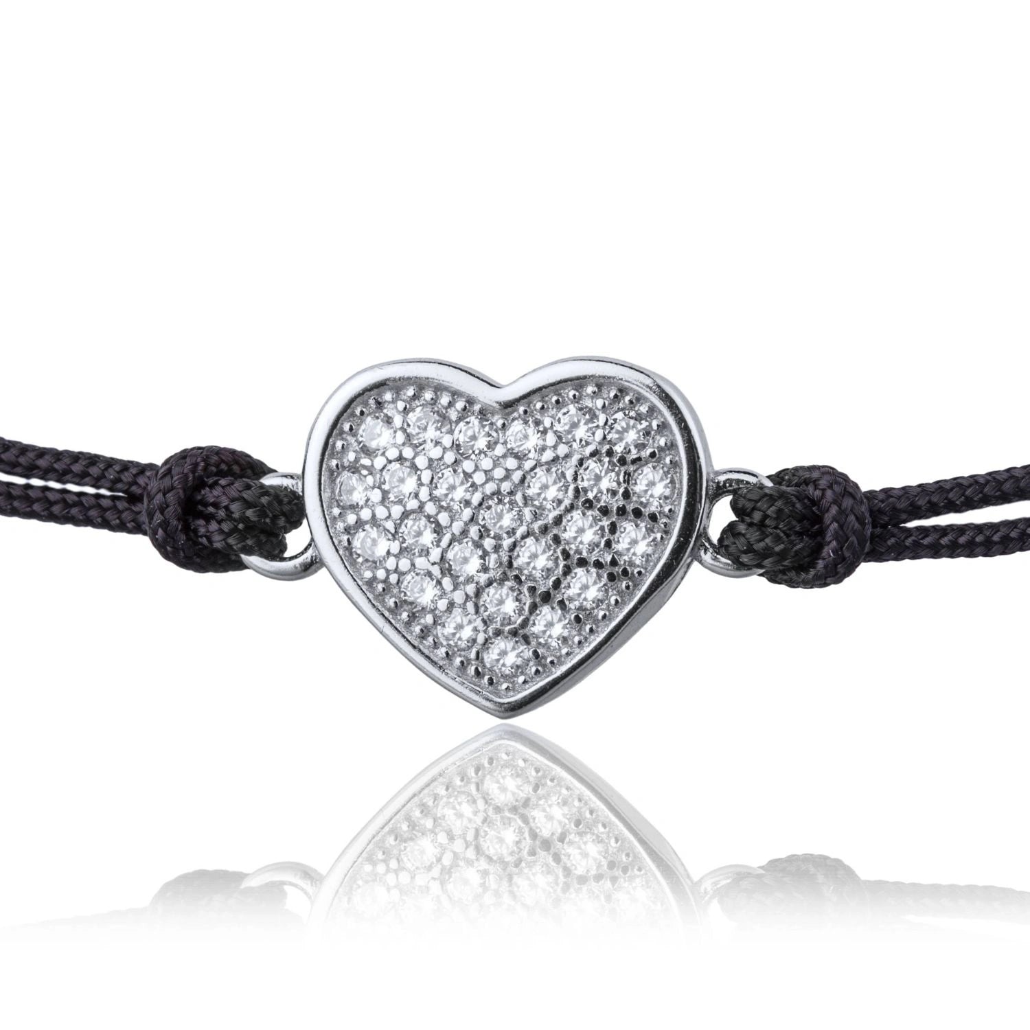 Pulsera de Plata con Cordón Corazón con Strass Rodinada