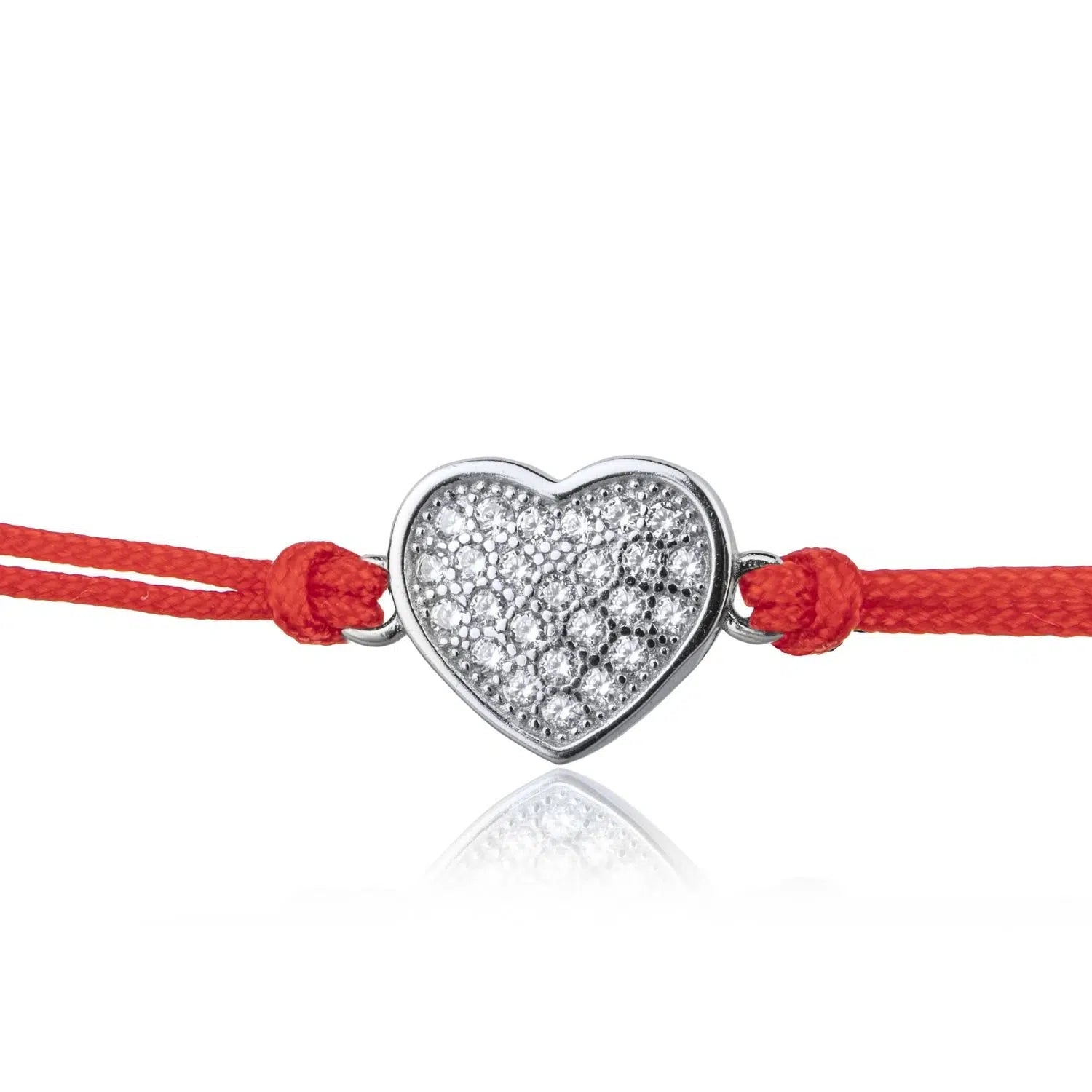 Bracciale in Argento in Cordoncino Rosso Cuore Strass Rodiato