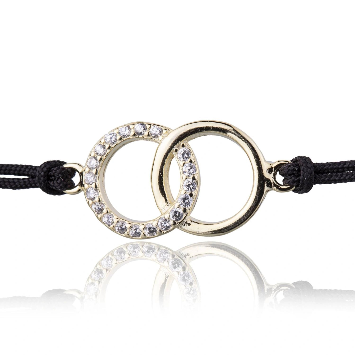 Pulsera de Plata con Cordón Rojo Círculos con Strass Dorado