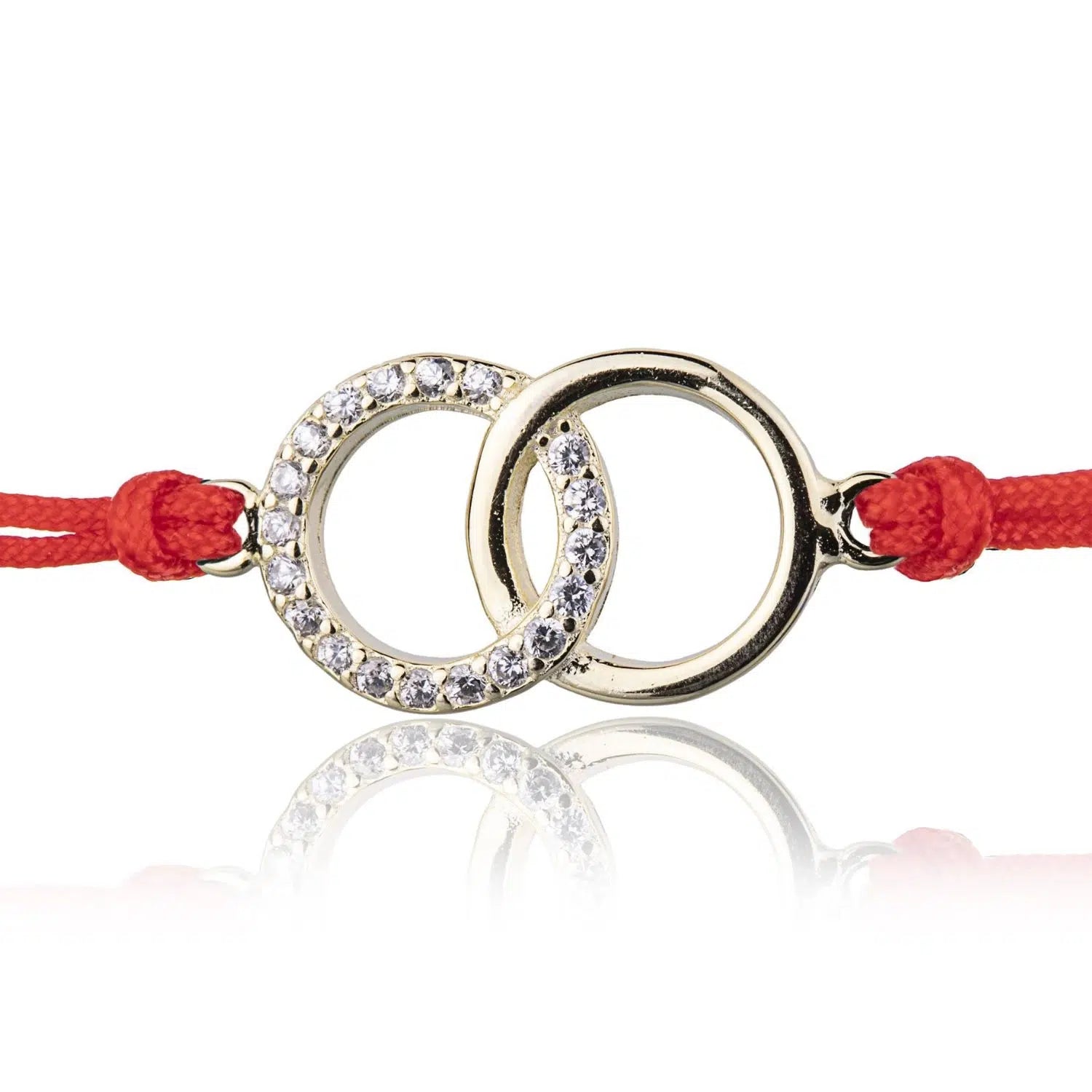 Pulsera de Plata con Cordón Rojo Círculos con Strass Dorado