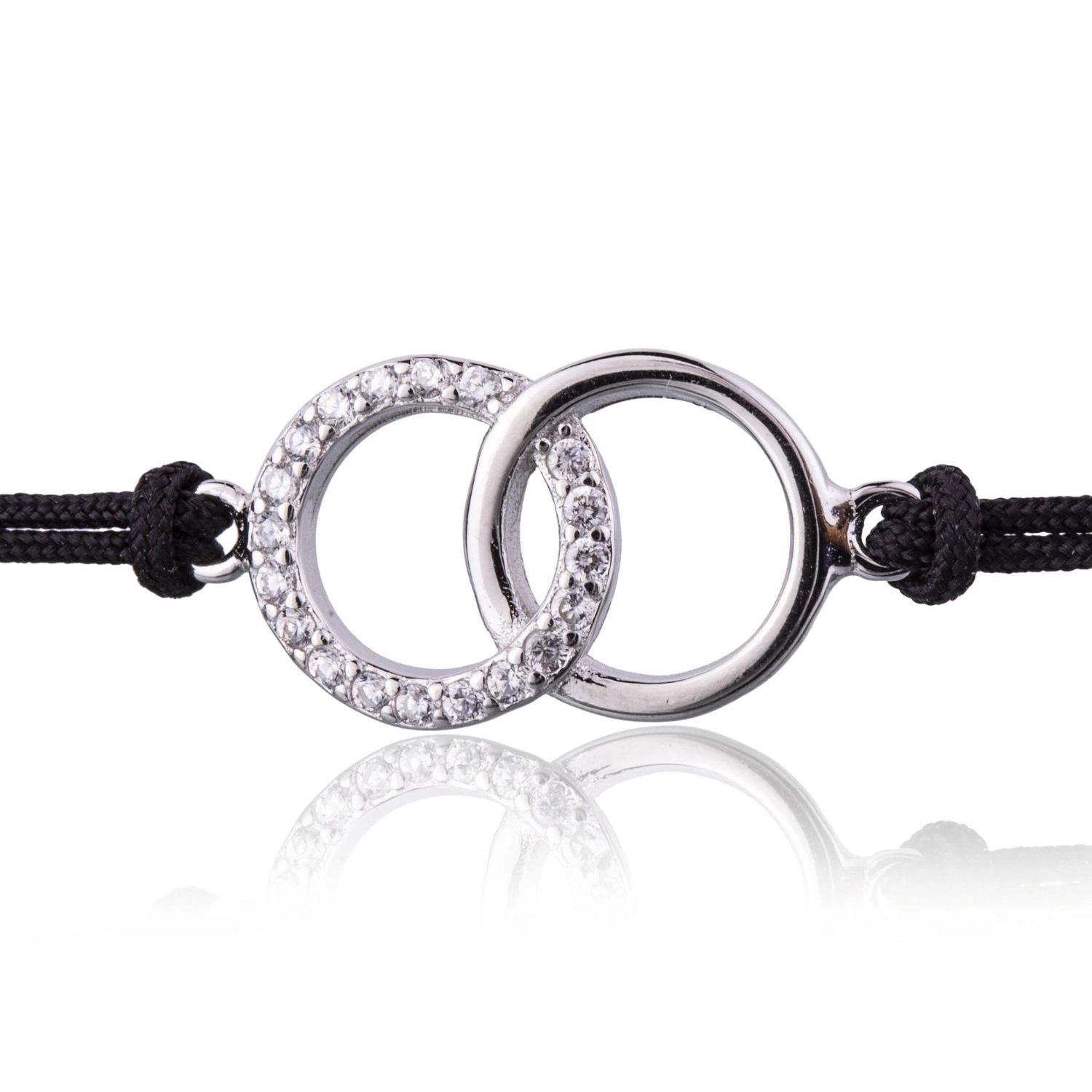 Bracciale in Argento in Cordoncino Nero Cerchi Strass Rodiato