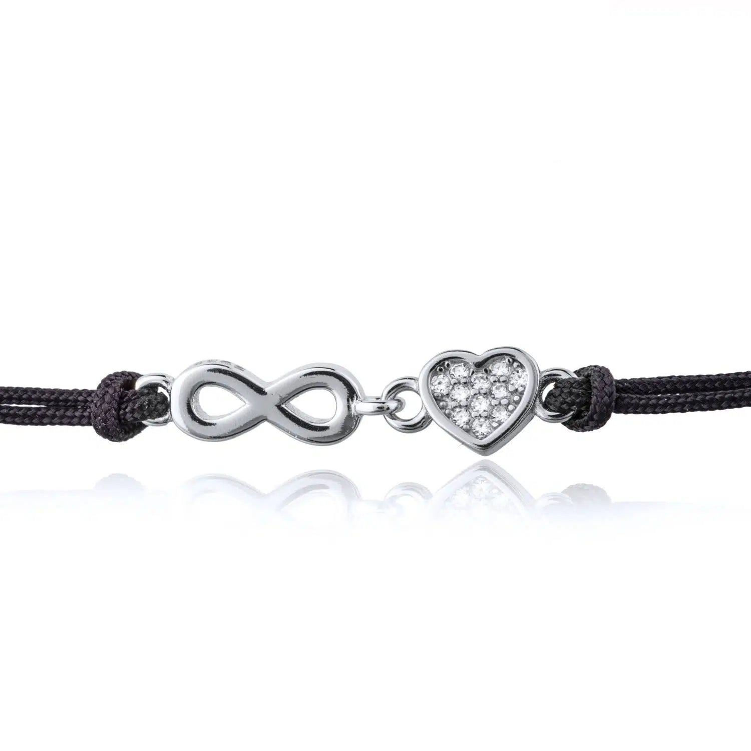 Bracciale in Argento in Cordoncino Nero Cuore e Infinito Rodiato