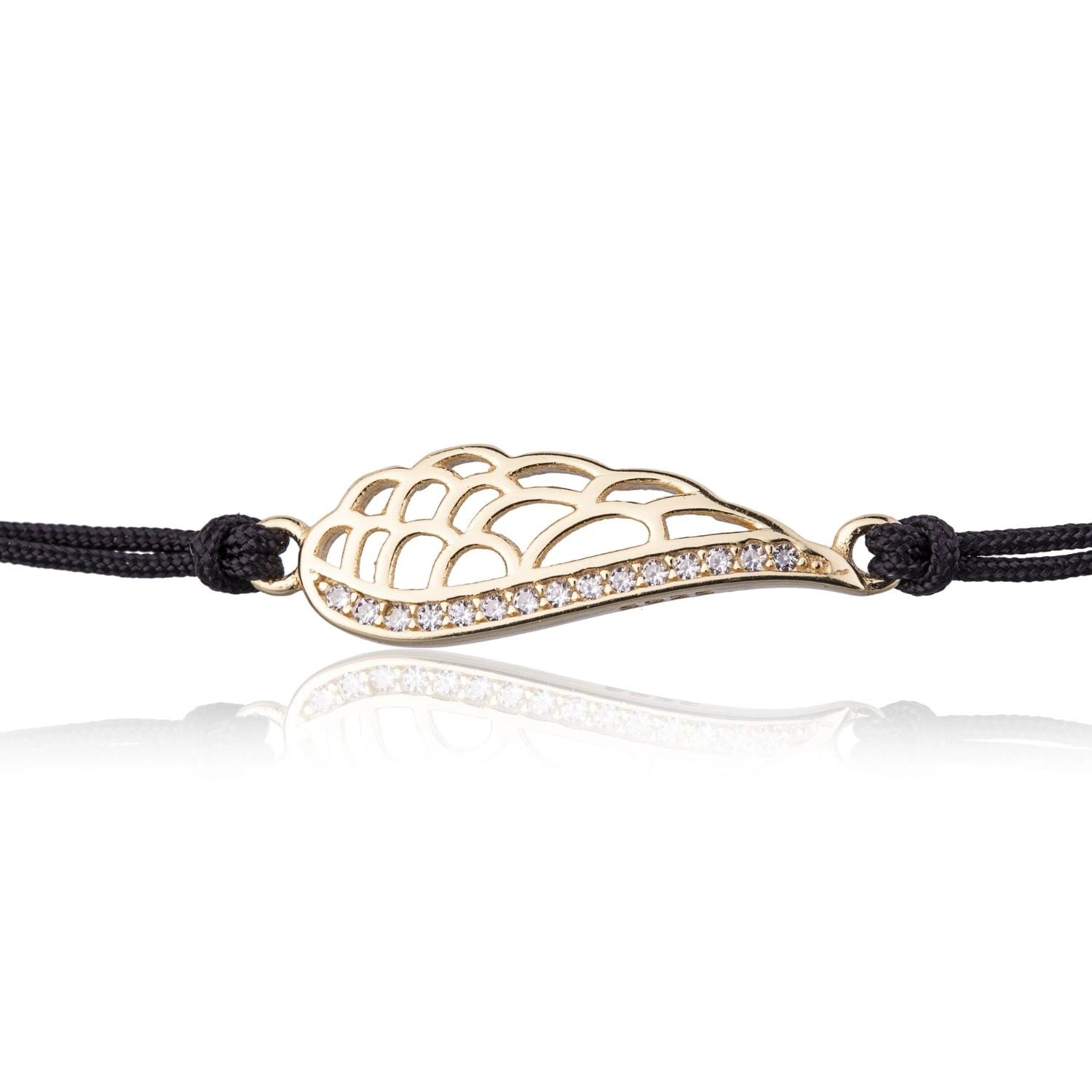 Bracelet en Argent Corde Noire Aile Strass Dorés