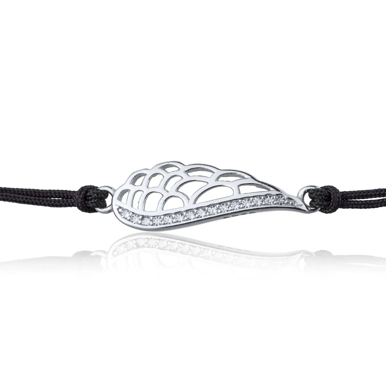 Pulsera de Plata con Cordón Negro Ala Grande con Strass Rodinada