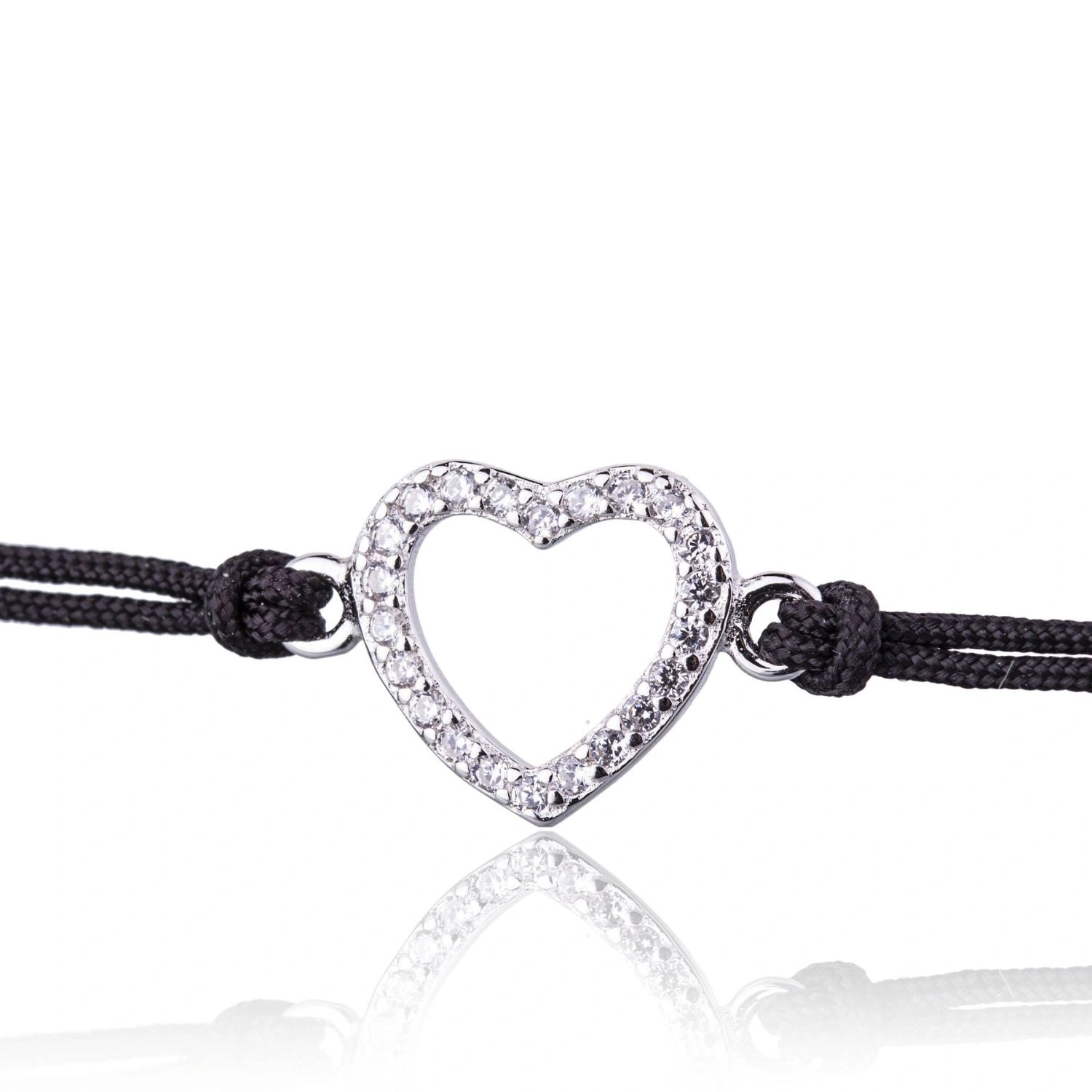 Pulsera de Plata con Cordón con Corazón Calado y Strass