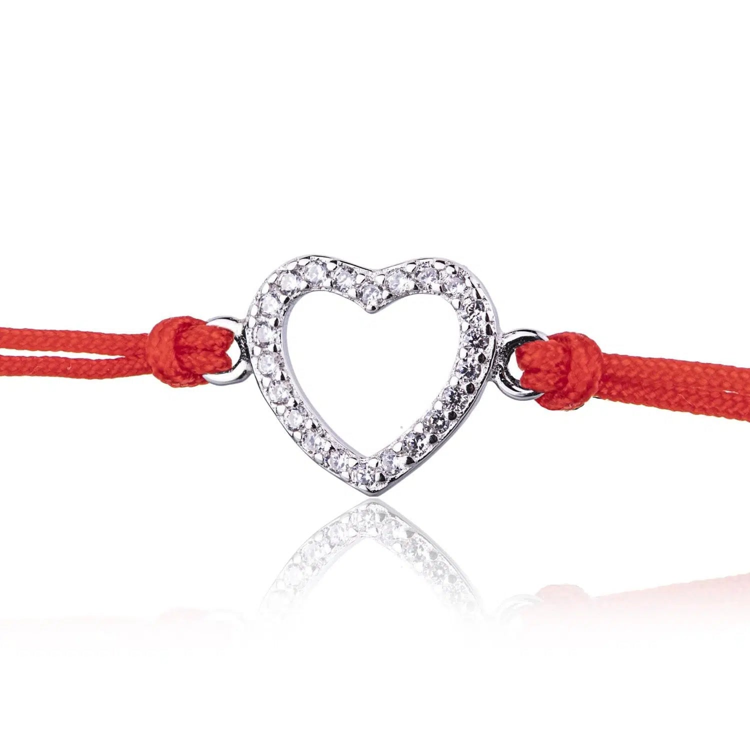 Pulsera de Plata con Cordón con Corazón Calado y Strass