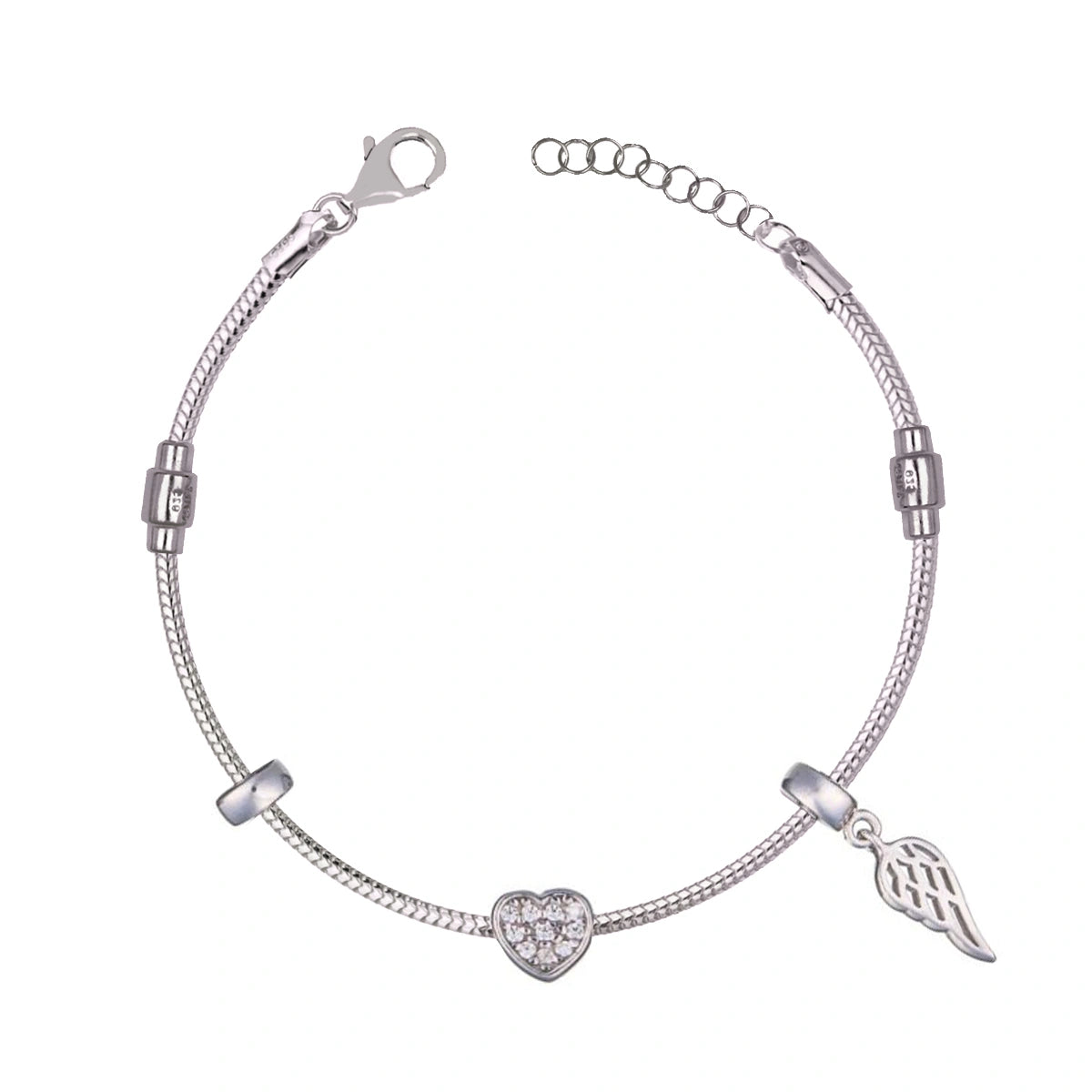 Silver Bracelet with Heart and Wing Charm