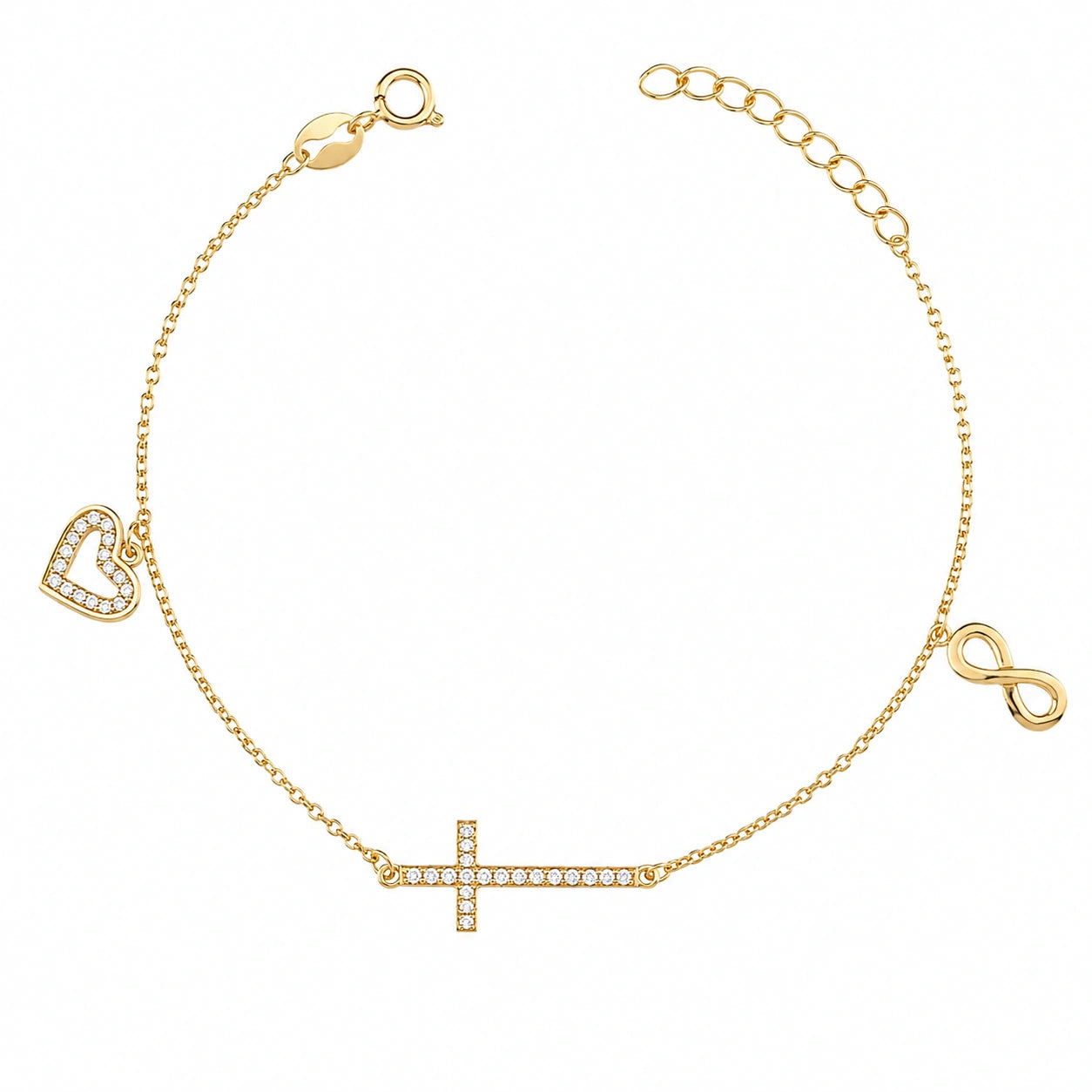 Goldfarbenes Silberarmband mit Kreuz und Unendlichkeitssymbol