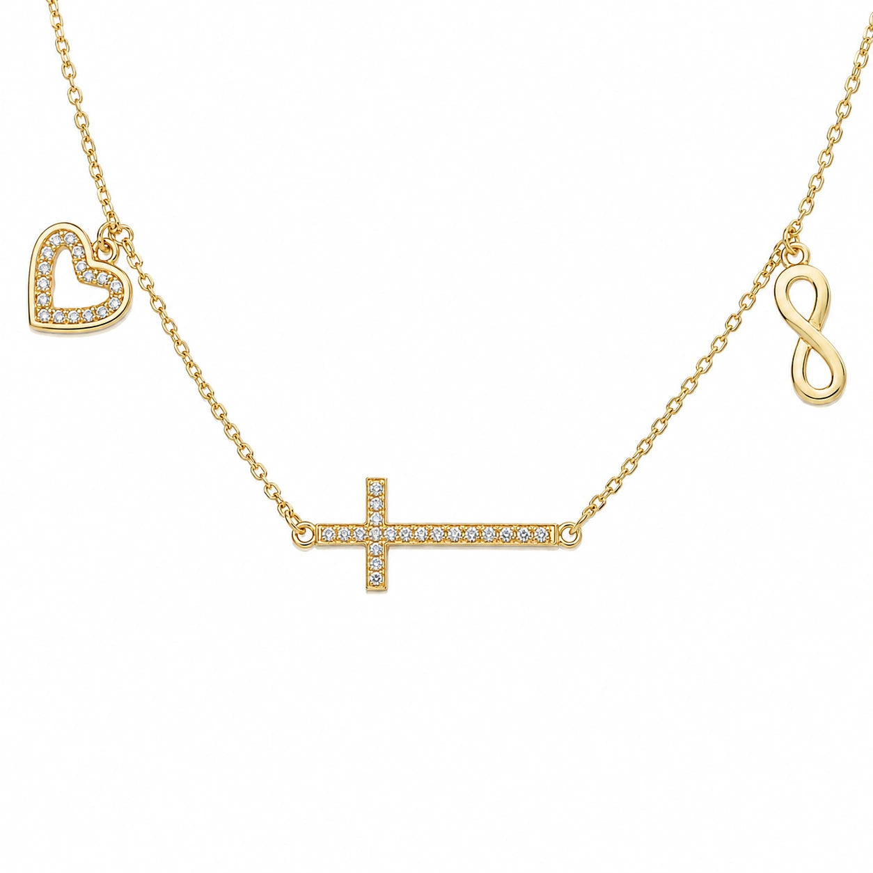 Goldfarbenes Silberarmband mit Kreuz und Unendlichkeitssymbol