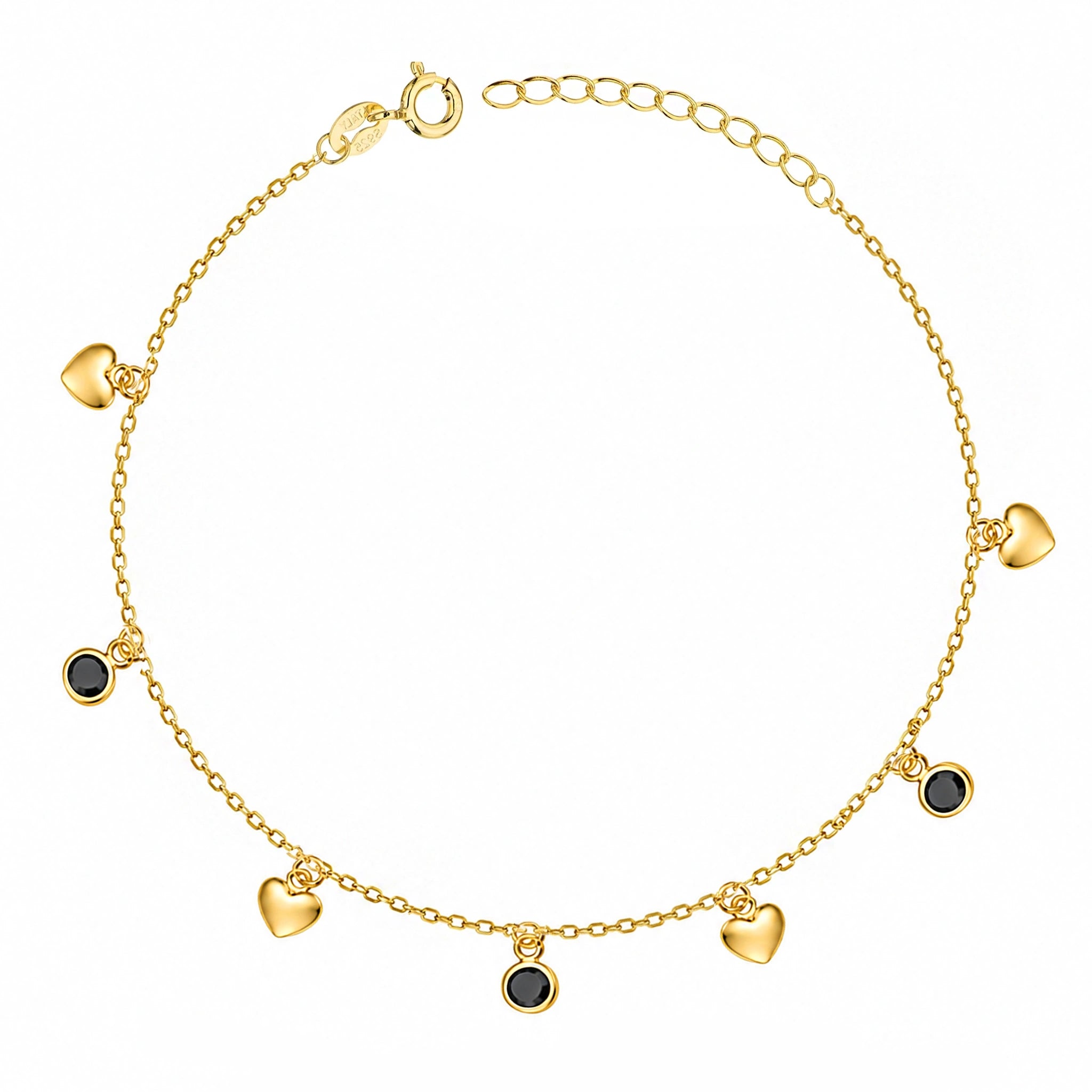 Golden Silver Bracelet with Hearts and Black Sparkling Points