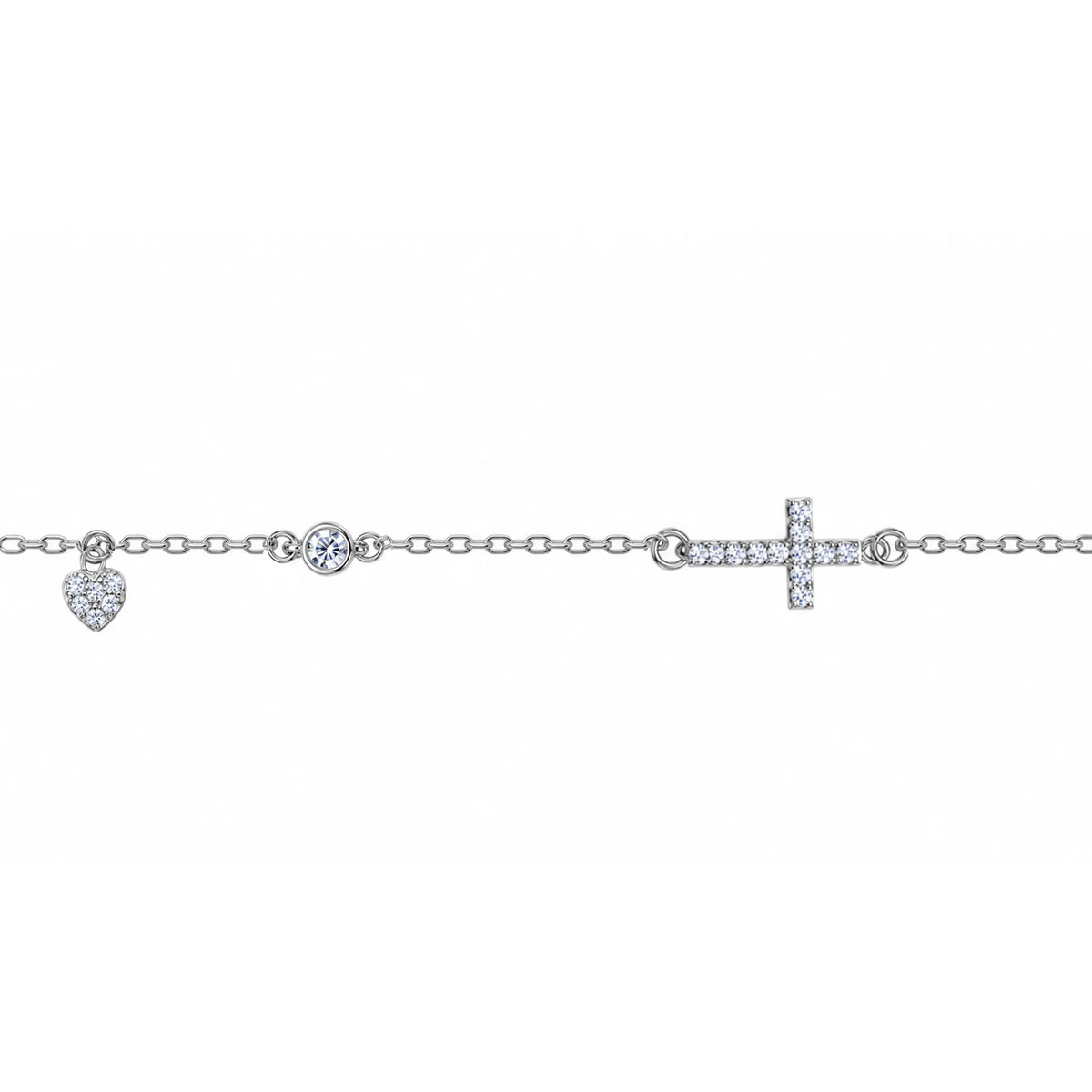 Pulsera de plata corazón y cruz con circonitas