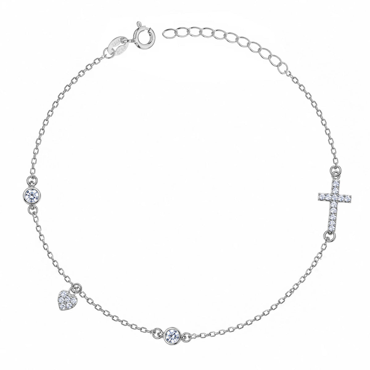 Pulsera de plata corazón y cruz con circonitas