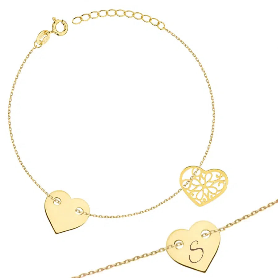 Golden Silver Women's Bracelet with Passing Heart and Pierced Heart