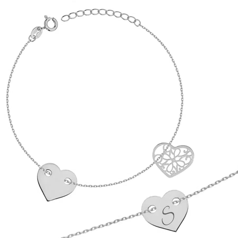 Bracciale in Argento Rodiato da Donna con Cuore Passante e Cuore Traforato