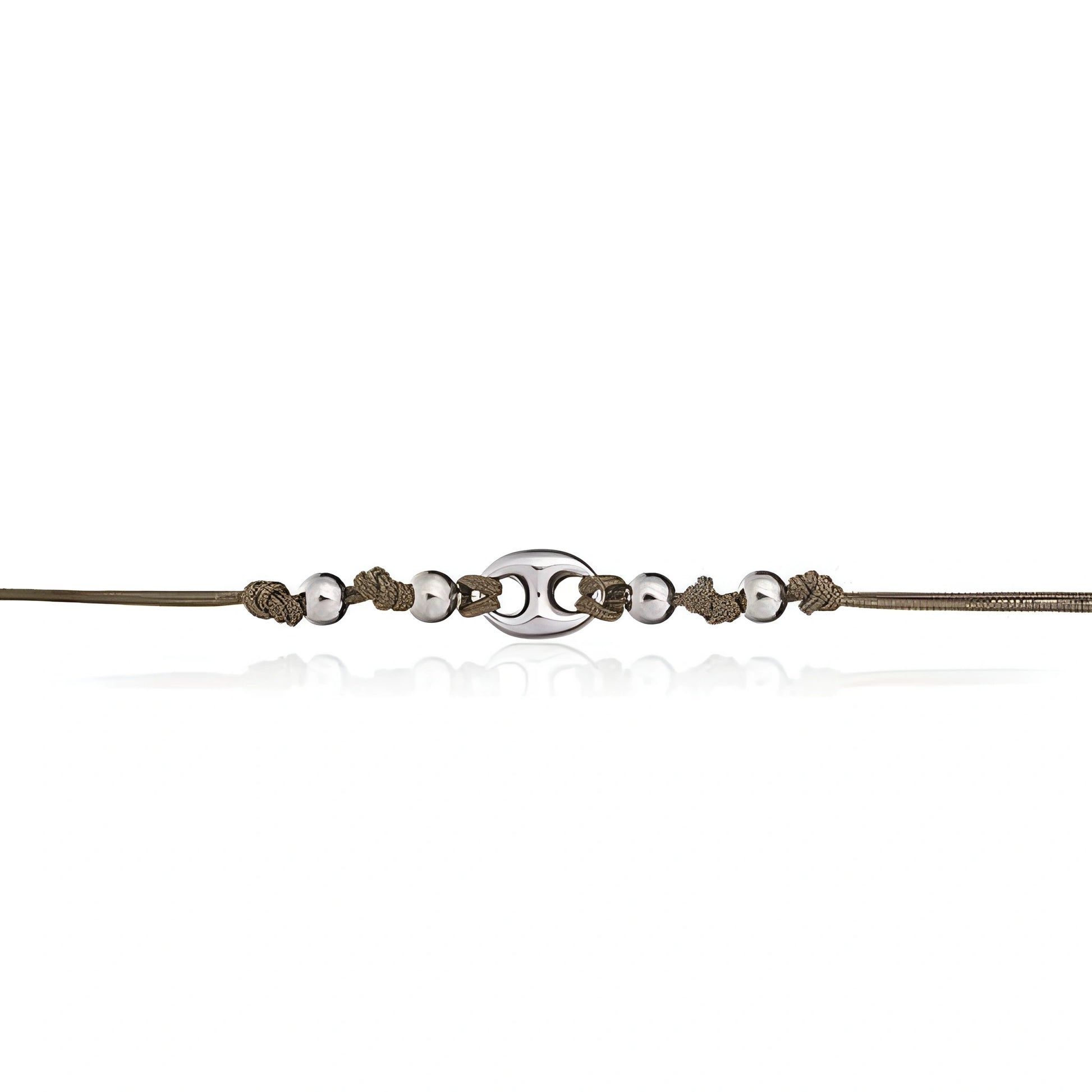 Brazalete Marina de Plata Rodinada con Cordón y Esferas