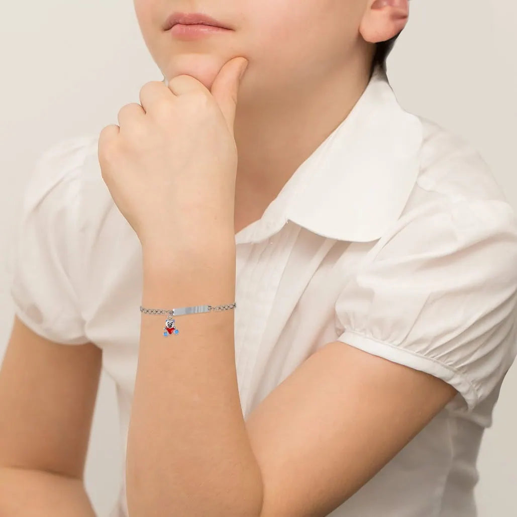 Pulsera Infantil de Plata con Osito Azul y Placa Grabable