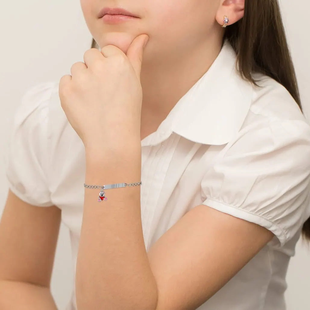 Pulsera Niña Plata con Osito Rosa y Placa Grabable