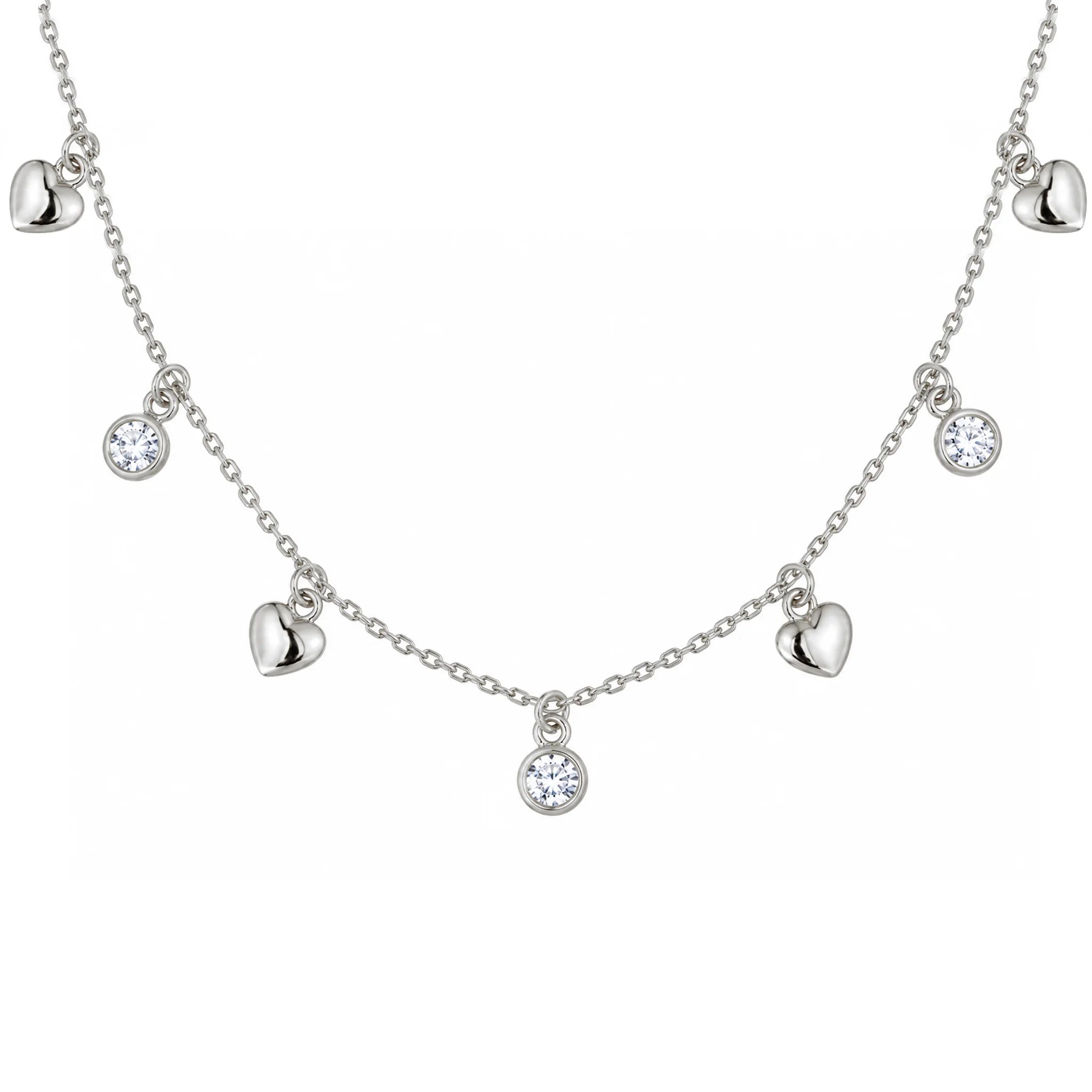 Collar de Plata Rodiada con Corazón y Puntos de Luz Blancos