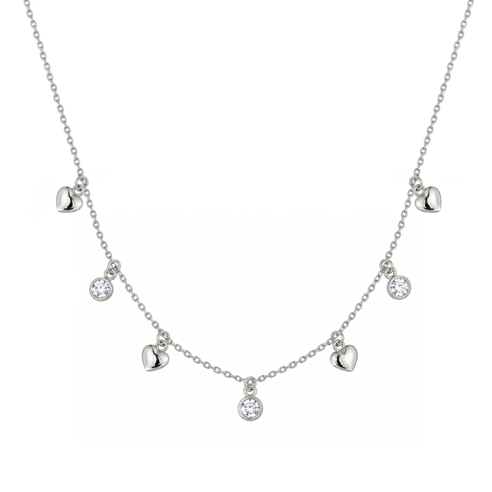 Collar de Plata Rodiada con Corazón y Puntos de Luz Blancos