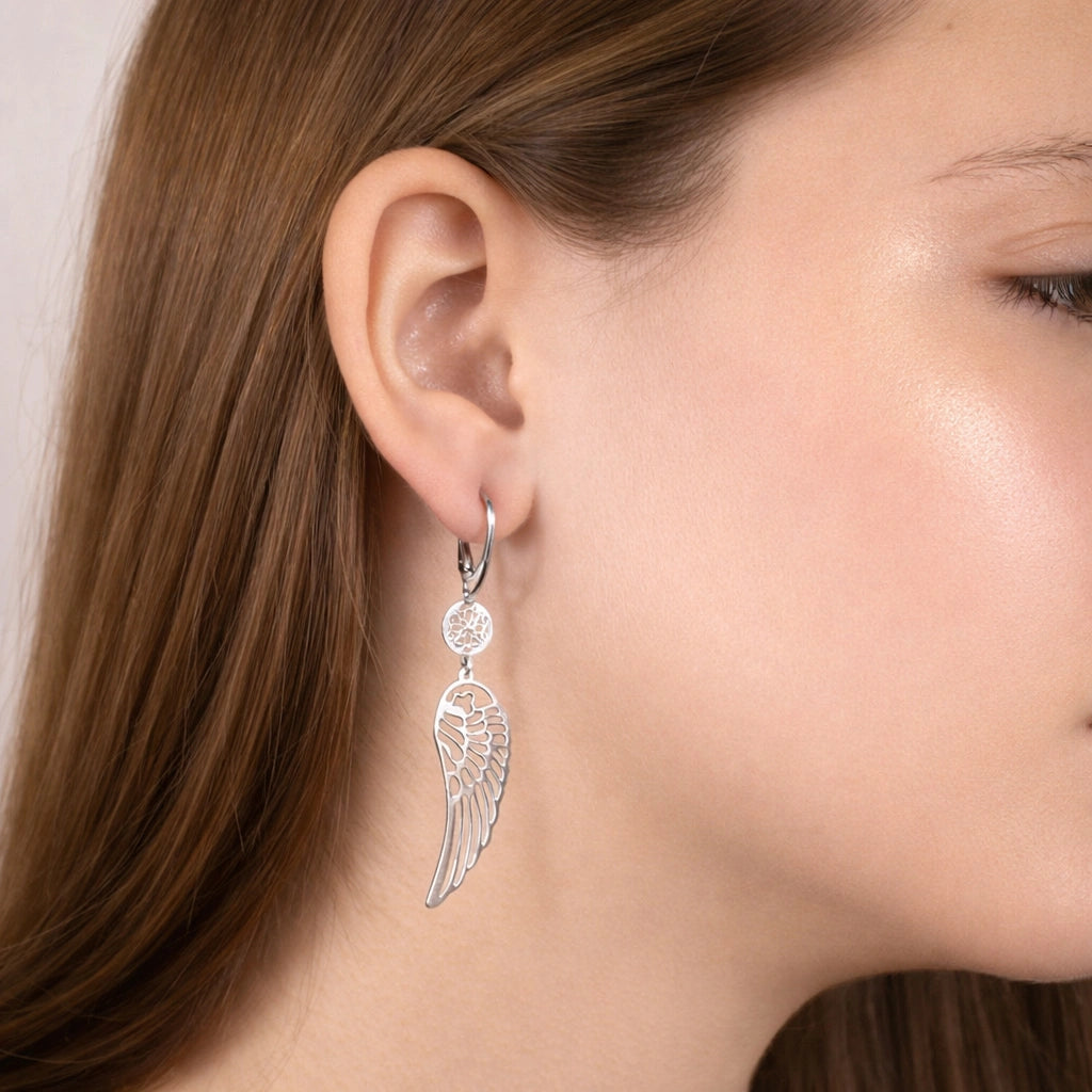 Silver Drop Earrings with Wings and Flower