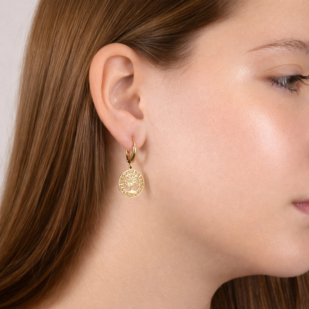Boucles d'oreilles Dorées avec Arbre de Vie et Méandres
