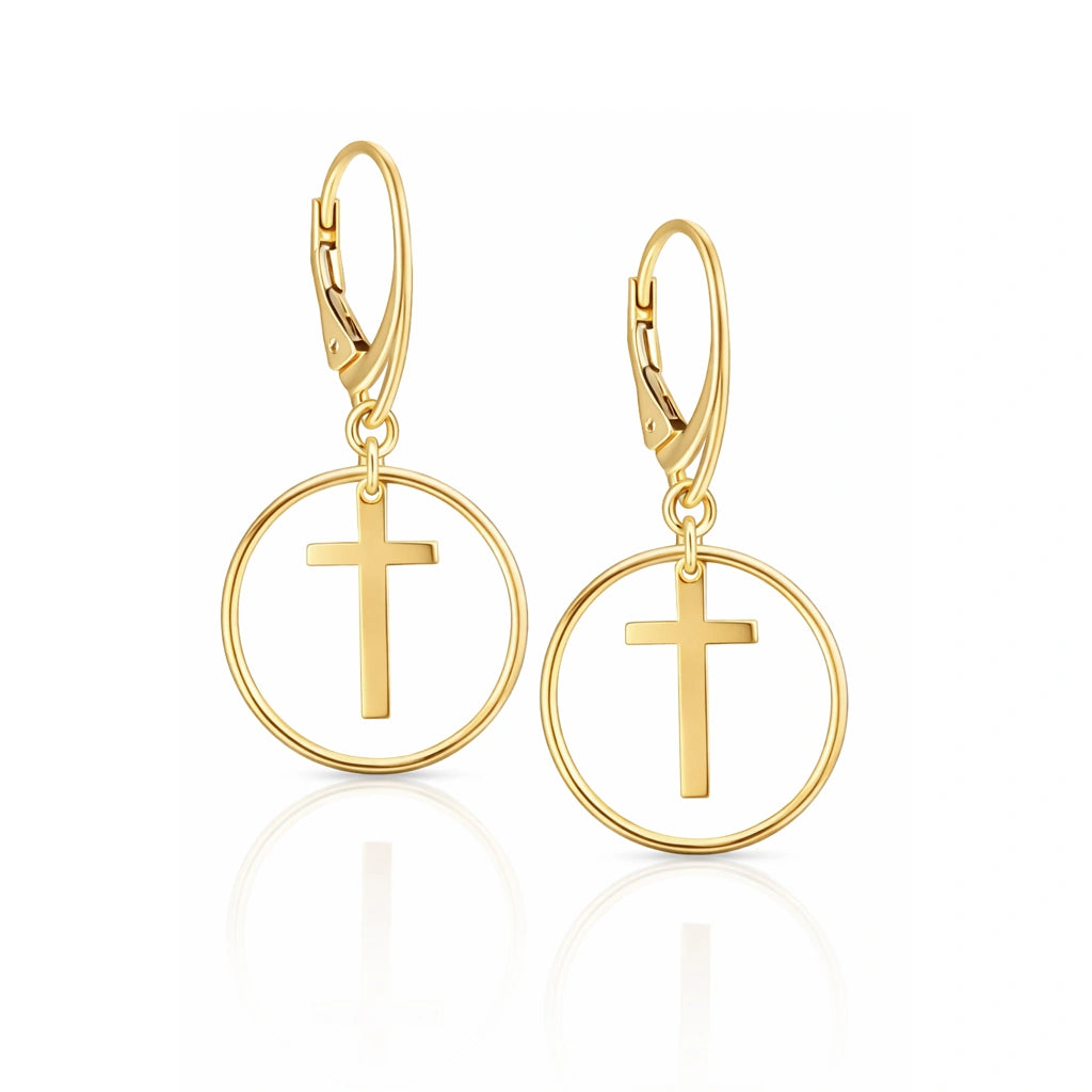 Boucles d'oreilles pendantes en argent avec croix dans un cercle