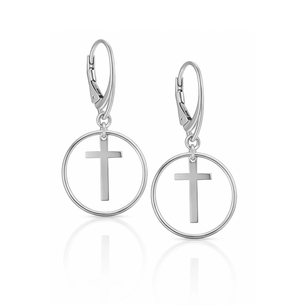 Orecchini Pendenti in Argento con Croce nel Cerchio Rodiati
