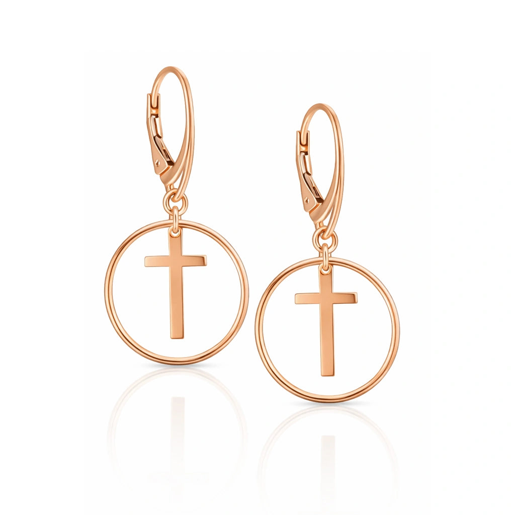 Boucles d'oreilles Pendantes en Argent avec Croix dans le Cercle Or Rosé