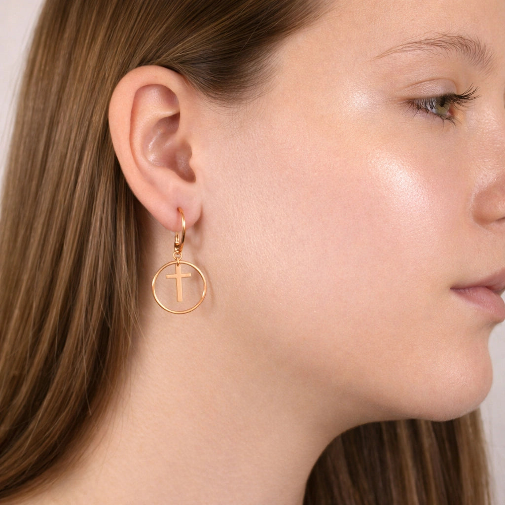 Orecchini Pendenti in Argento con Croce nel Cerchio Oro Rosè