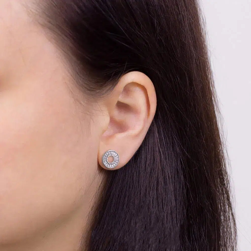 Rhodium-Plated Silver Round Earrings with Zircon Pavé