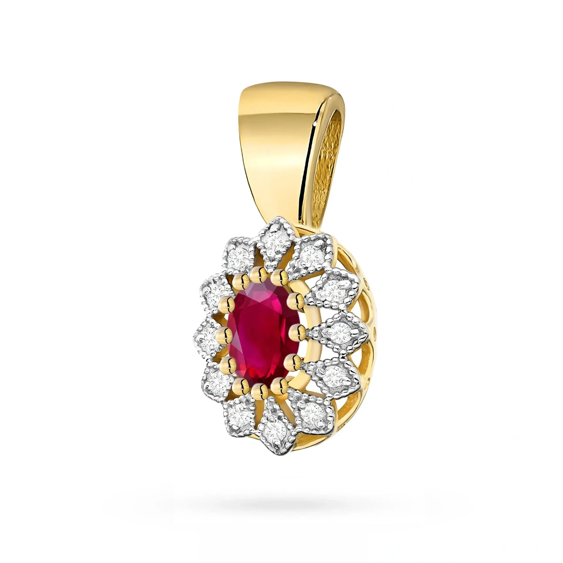 Colgante en Oro de 14QT con Rubí de 0,60ct y 12 Diamantes
