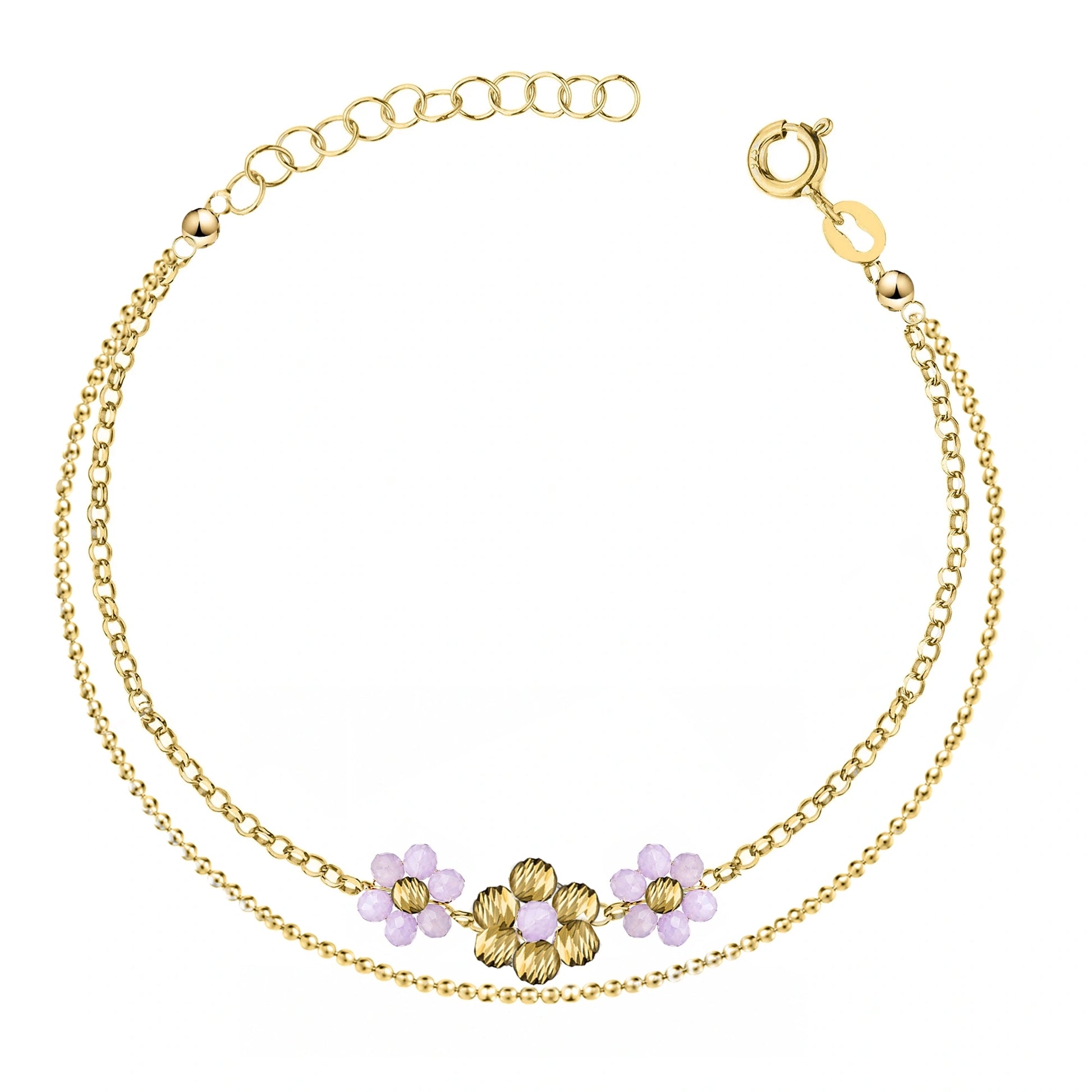 Bracelet Doré Trois Fleurs avec Double Chaîne