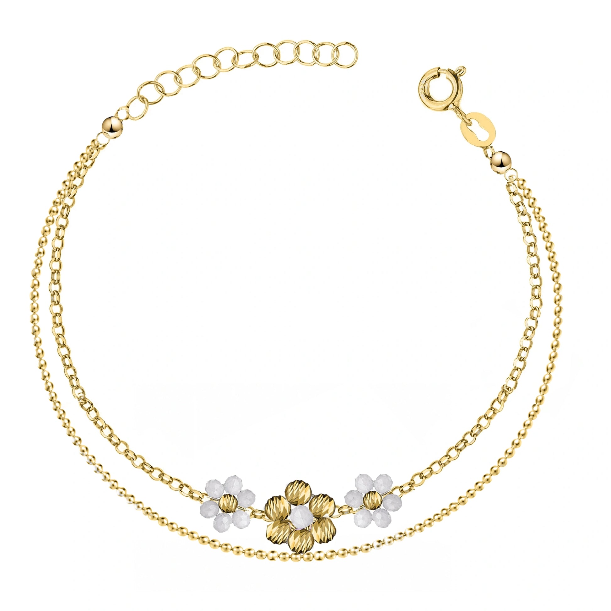 Bracelet Doré Trois Fleurs avec Double Chaîne