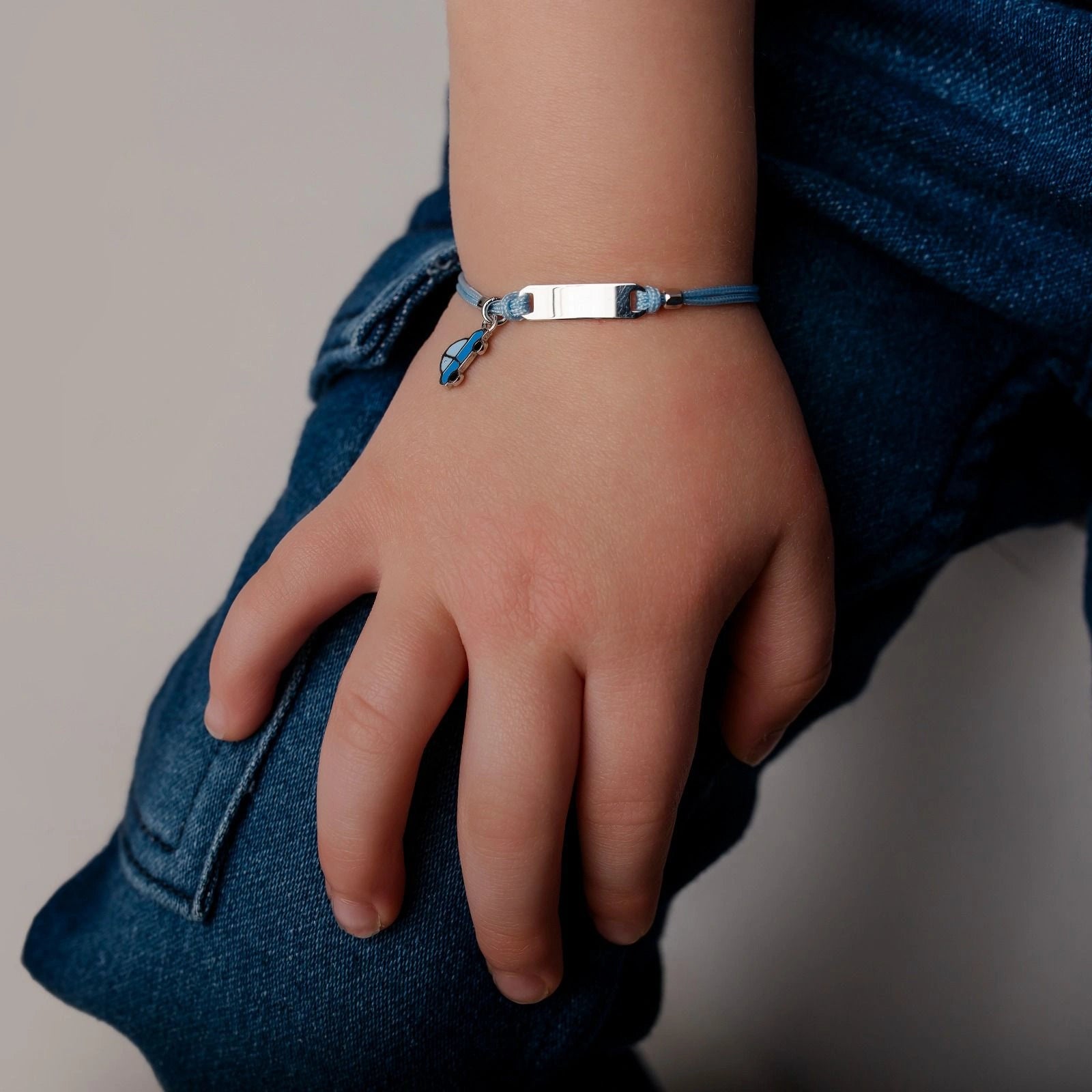 Silver Bracelet for Boy Blue Cord Toy Car