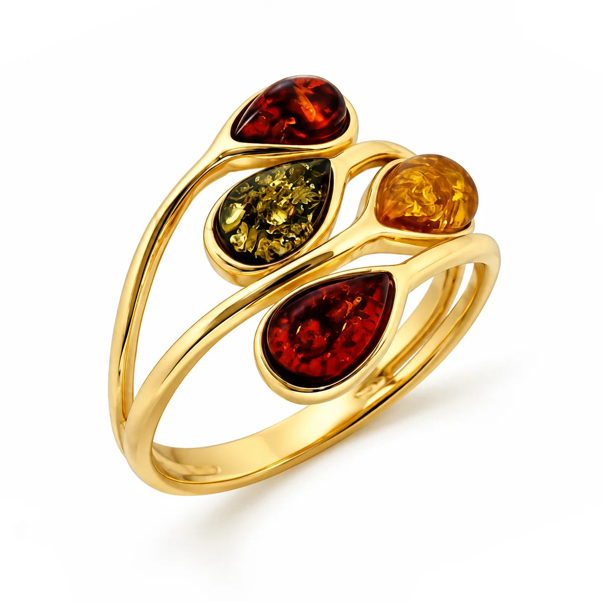 Anello Regolabile in Argento Dorato con Ambra Multicolor