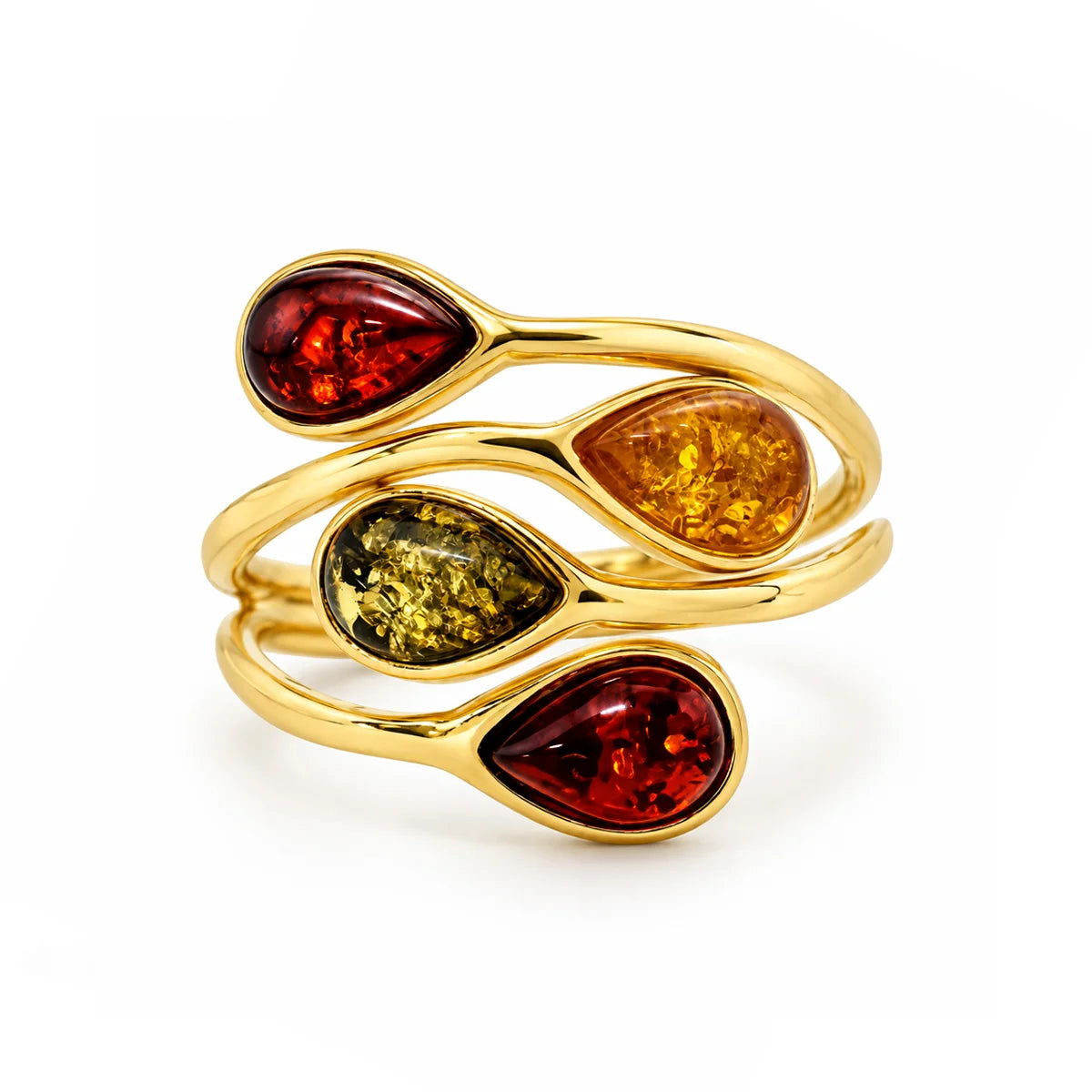 Anello Regolabile in Argento Dorato con Ambra Multicolor