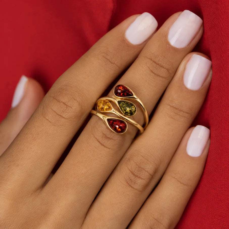 Anello Regolabile in Argento Dorato con Ambra Multicolor