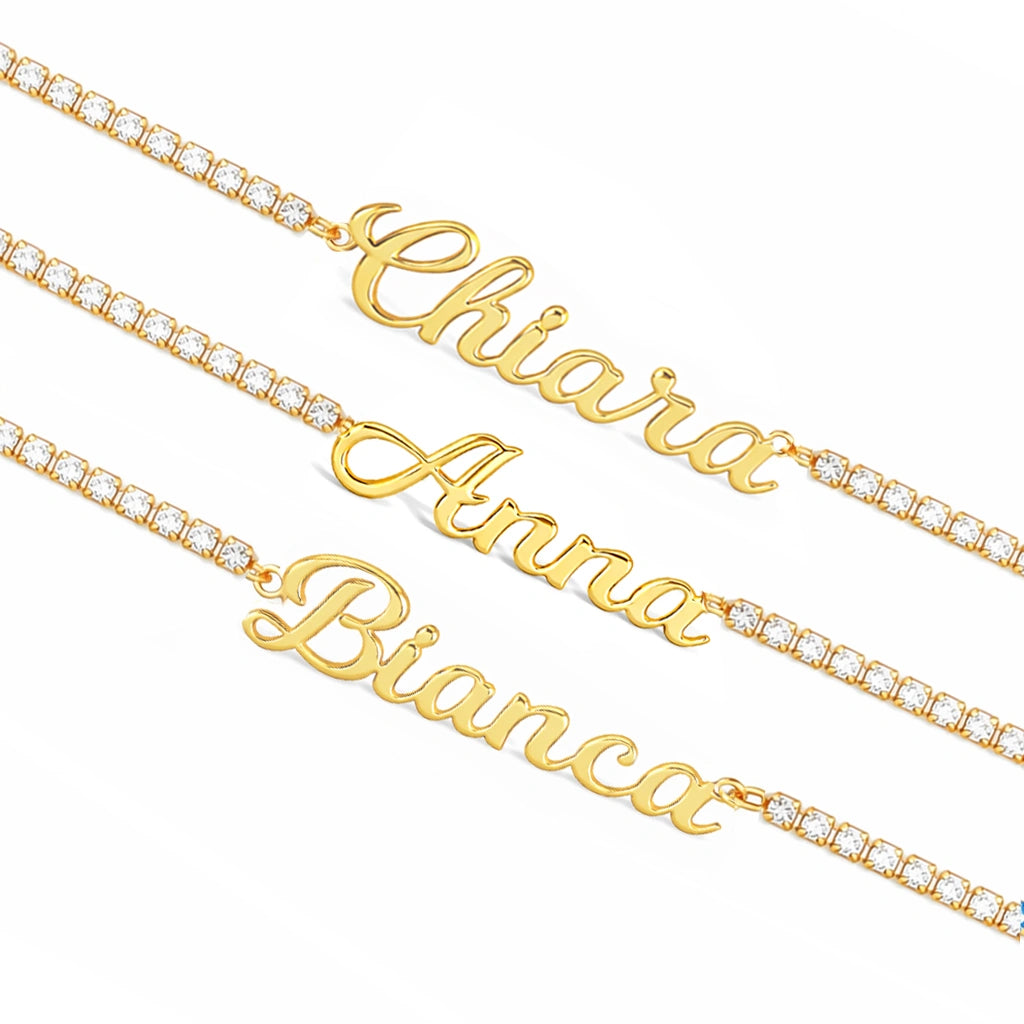 Golden Tennis Bracelet with Cursive Name