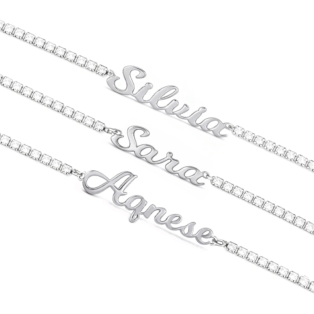 Bracciale Tennis con Nome Corsivo Rodiato