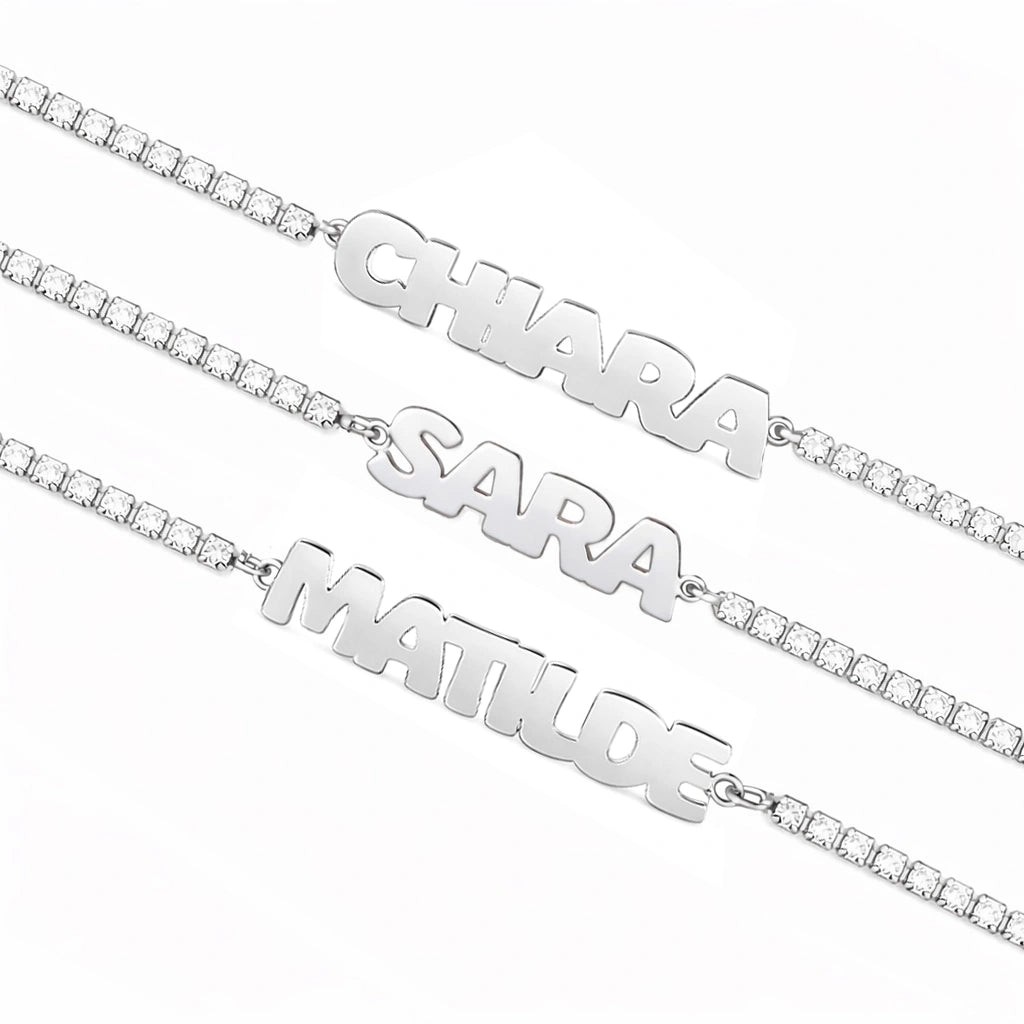 Rhodium-Plated Tennis Bracelet with Block Letters Name