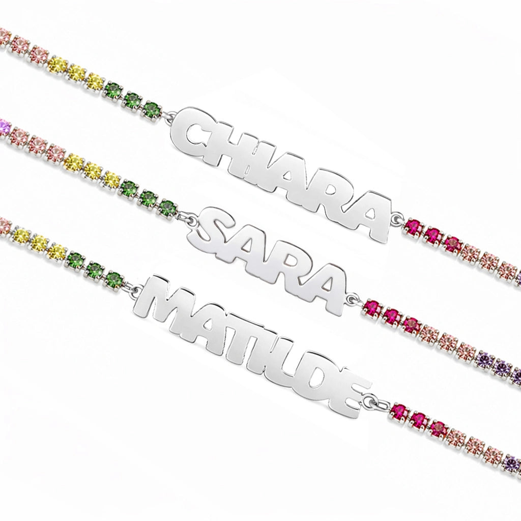 Tennis Bracelet with Rhodium-Plated Block Letters Name