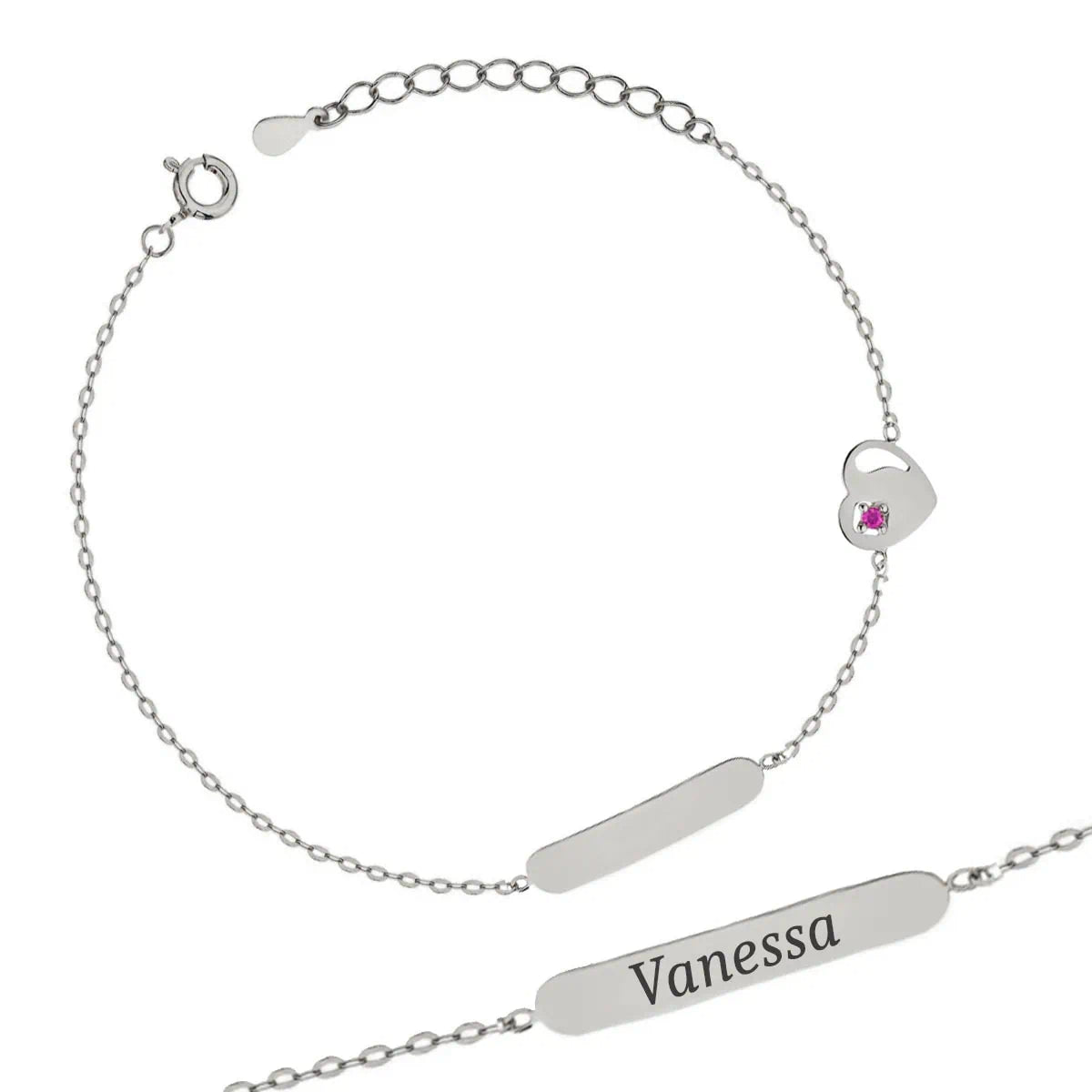Bracciale in Argento Rodiato con Targa Personalizzabile e Cuoricino con Zircone Fucsia