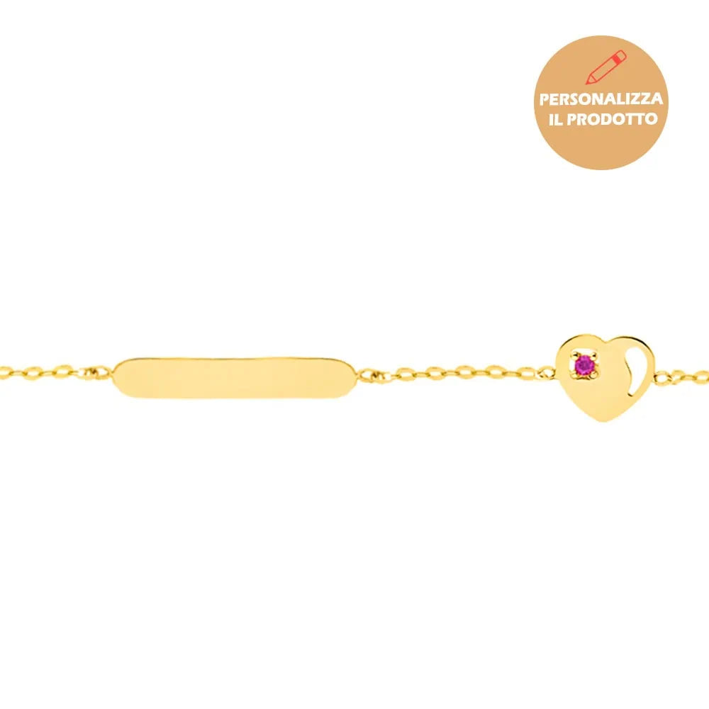 Bracciale in Argento per Bambini con Targa Personalizzabile e Cuoricino con Zircone Fucsia
