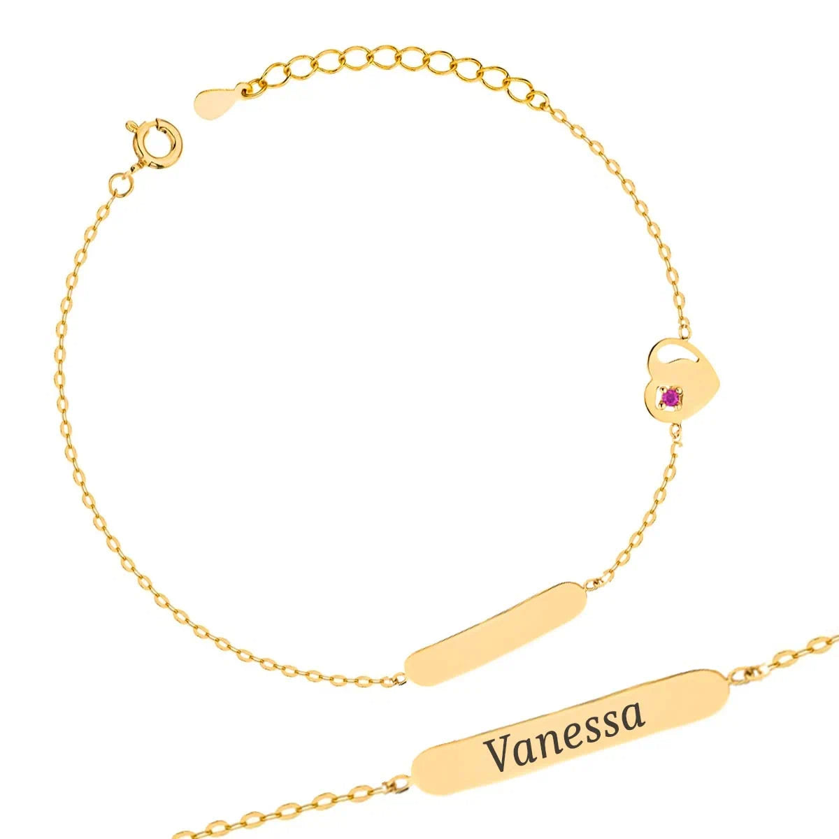 Bracciale in Argento per Bambini con Targa Personalizzabile e Cuoricino con Zircone Fucsia