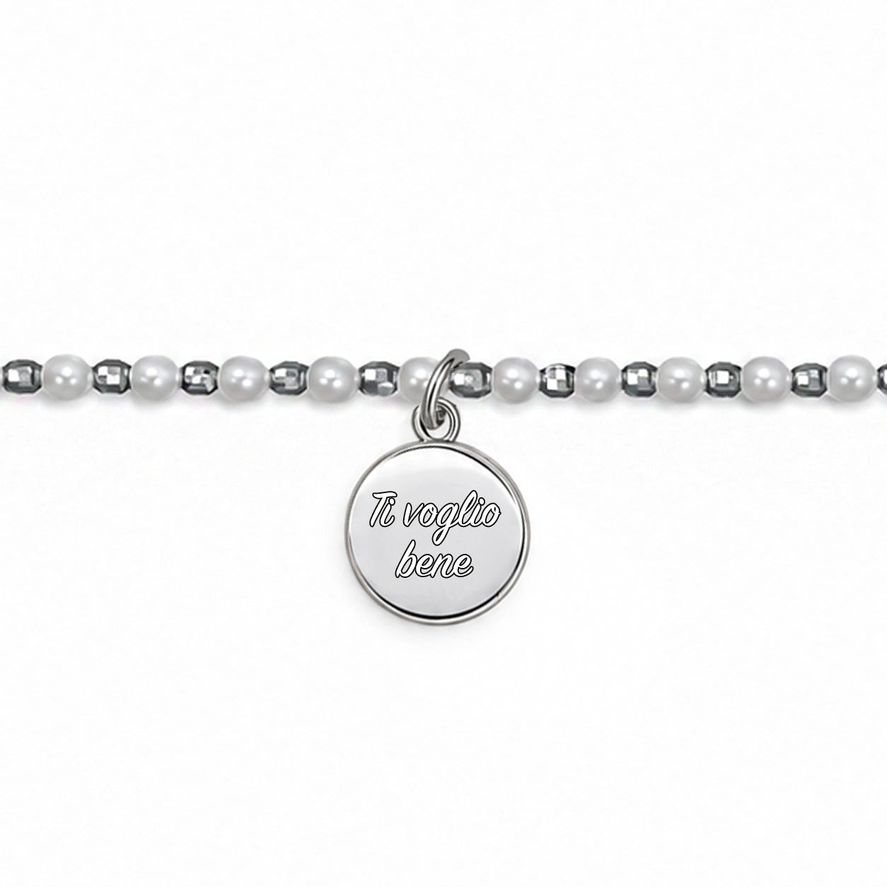 Damenarmband aus Silber mit gravierbarem Anhänger und Perlen