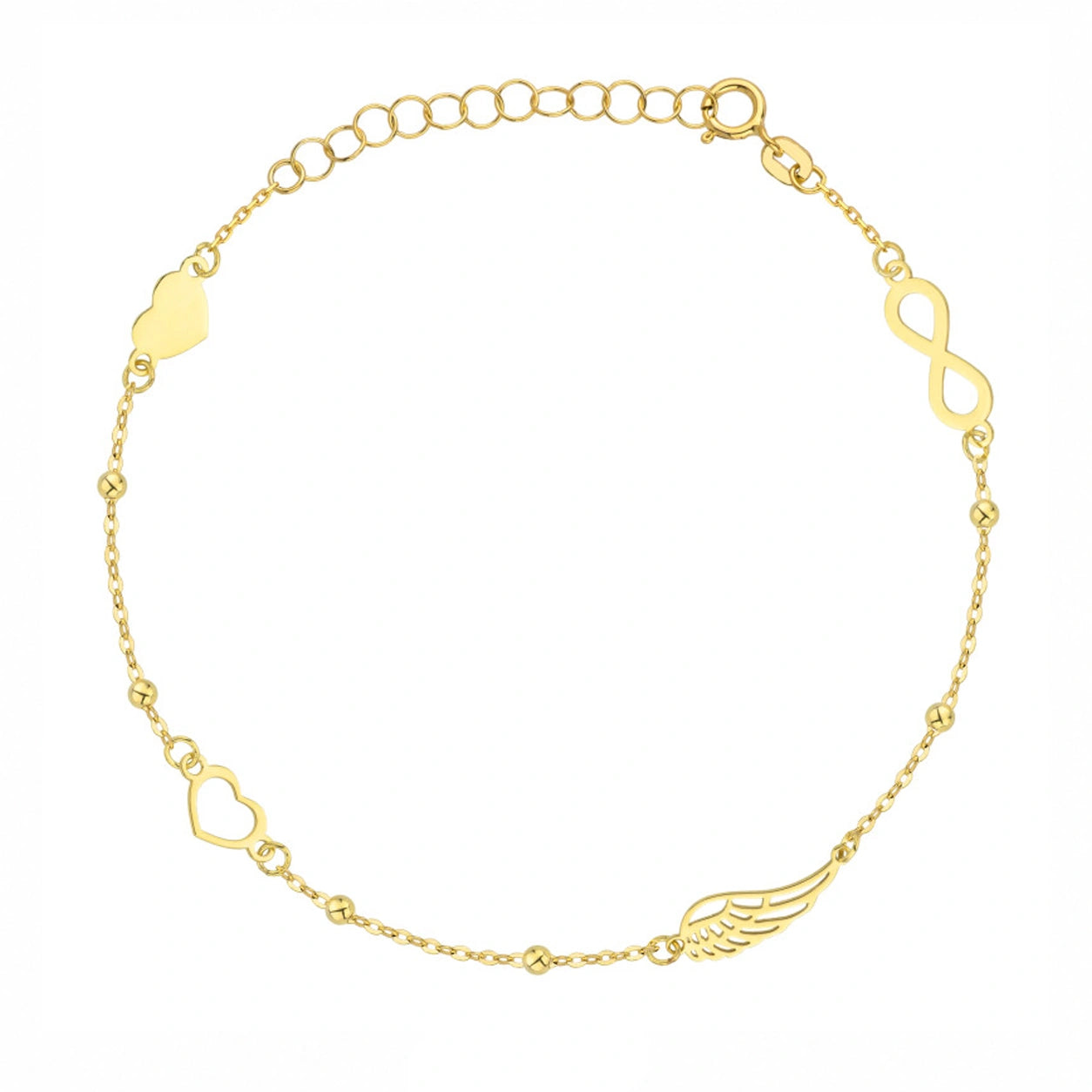 Pulsera con Corazón Infinito y Ala en Oro de 14KT